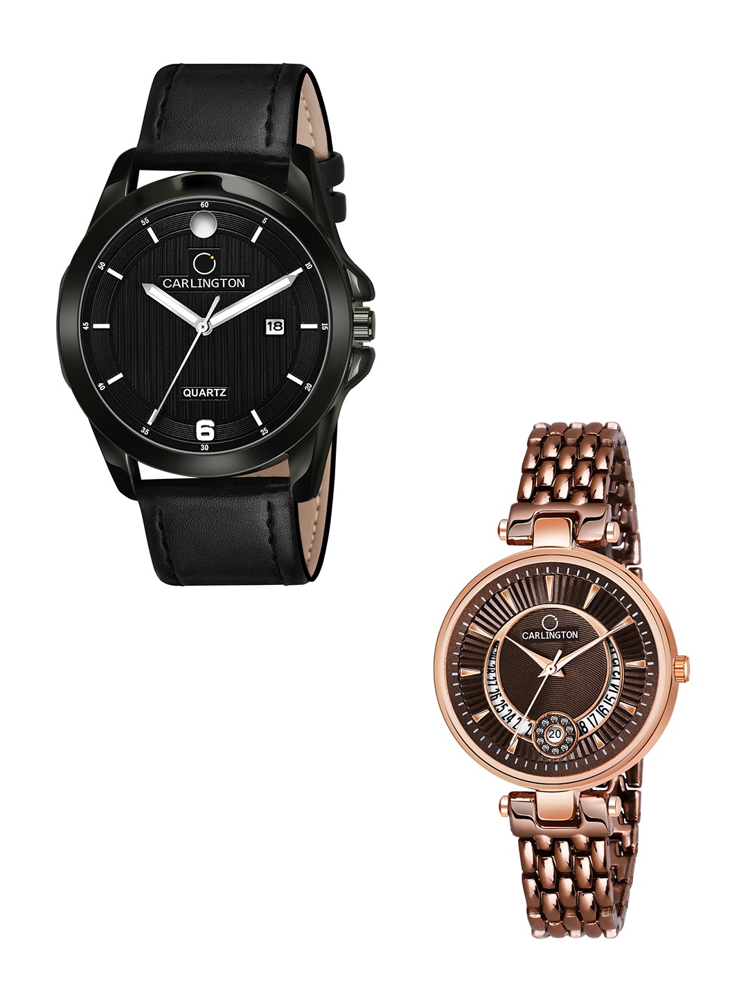 

CARLINGTON Black Dial & Black Leather Straps Analogue Couple Watches - CT1040