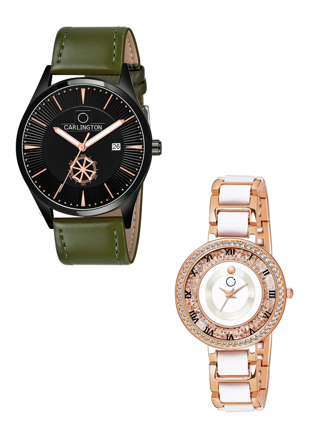 

CARLINGTON Black Dial & Green Leather Straps Analogue Couple Watches - CT1020