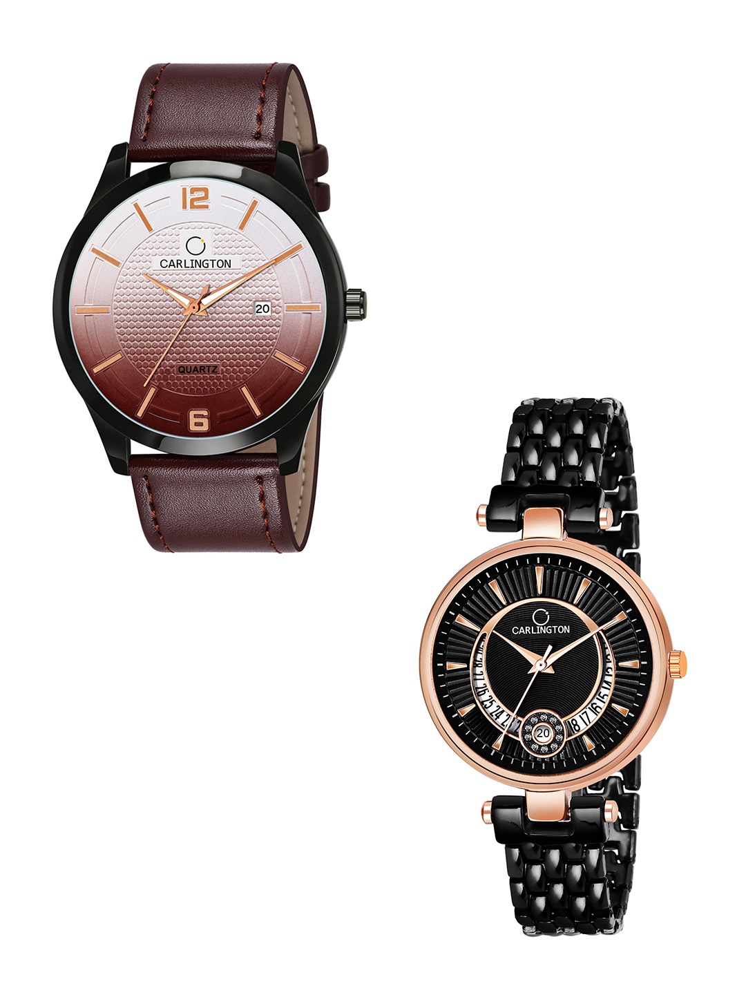 

CARLINGTON Brown Dial & Brown Leather Straps Analogue Couple Watches - CT1010