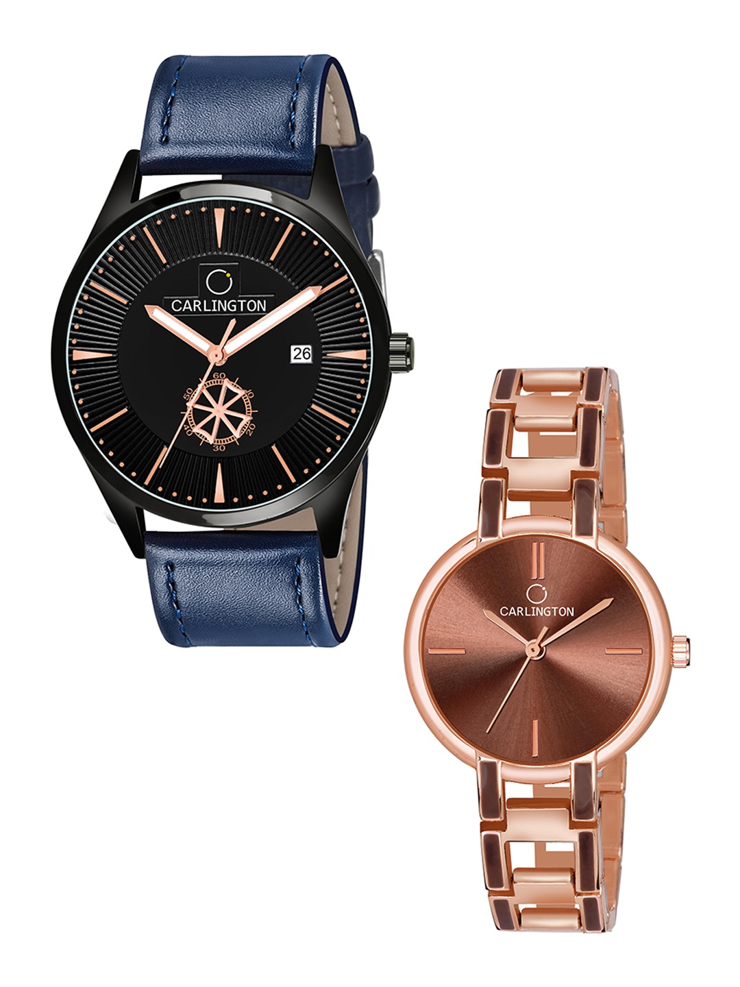 

CARLINGTON Black Dial & Blue Leather Straps Analogue Couple Watches - CT1020