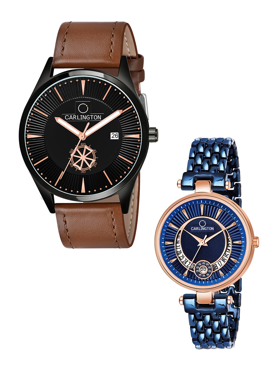 

CARLINGTON Black Dial & Brown Leather Straps Analogue Couple Watches CT1020