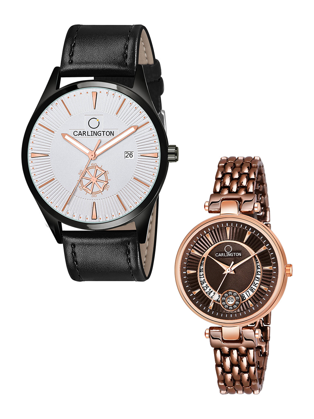 

CARLINGTON White Dial & Black Leather Straps Analogue Couple Watches CT1020