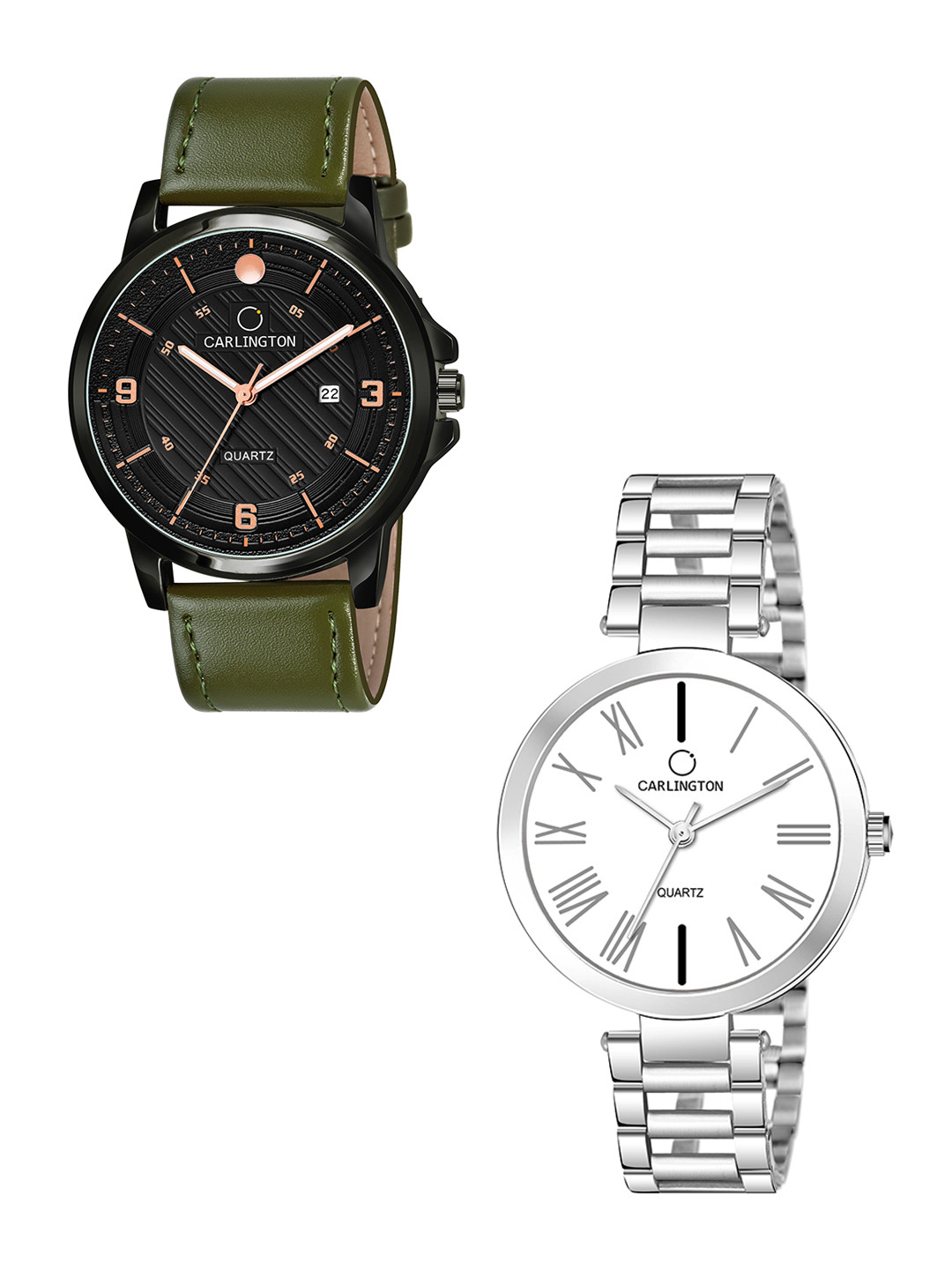 

CARLINGTON Black Dial & Green Leather Straps Analogue Couple Watches CT1050