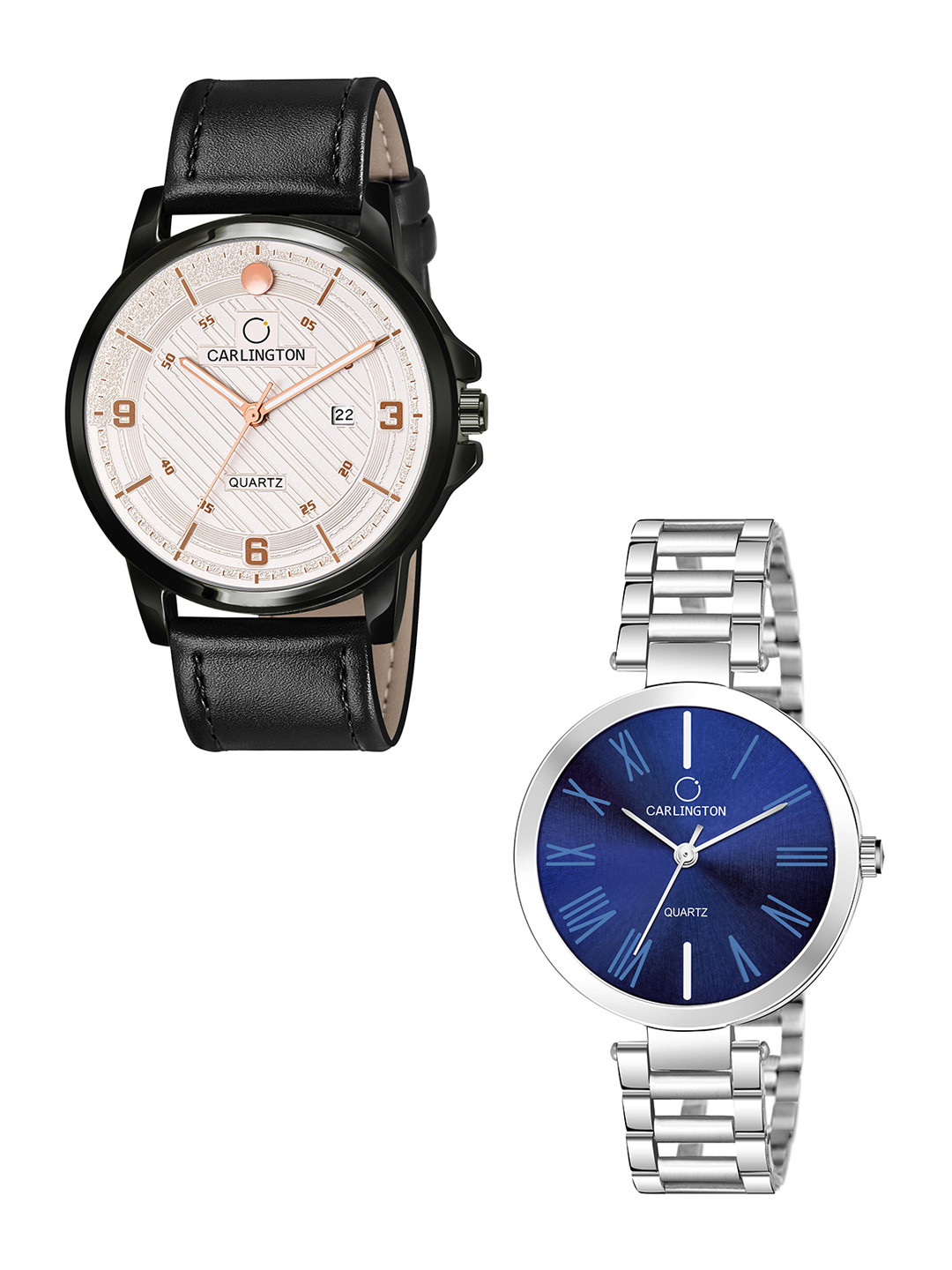 

CARLINGTON Cream-Coloured Dial & Black Leather Straps Analogue Couple Watches CT1050, Off white