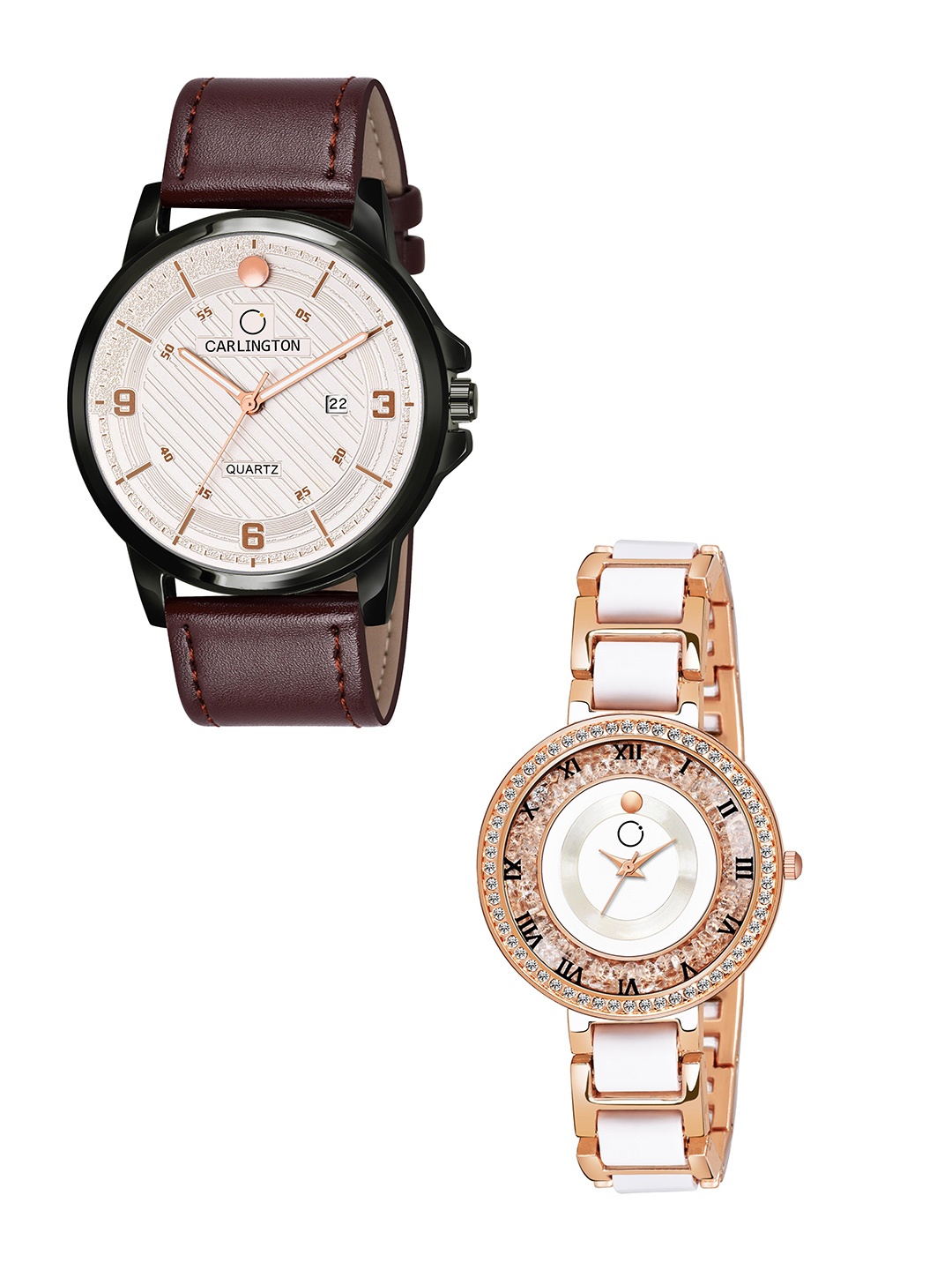 

CARLINGTON Beige Patterned Dial & Brown Leather Straps Analogue Couple Watches CT1050, White