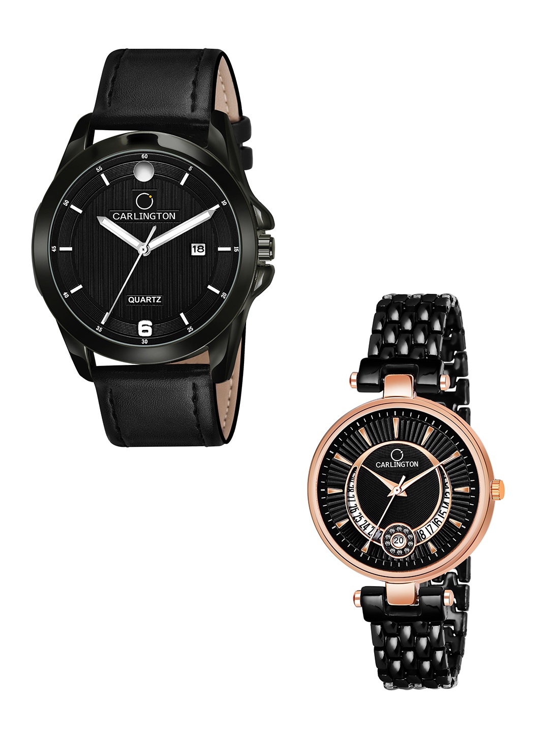 

CARLINGTON Black Patterned Dial & Black Leather Straps Analogue Couple Watches CT1040