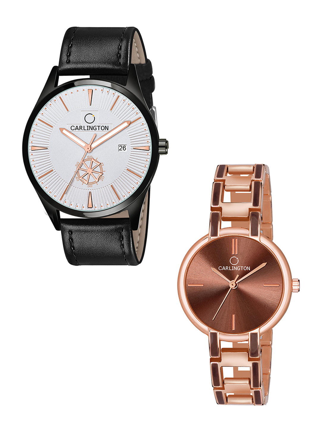 

CARLINGTON White Dial & Black Leather Straps Analogue Couple Watches CT1020