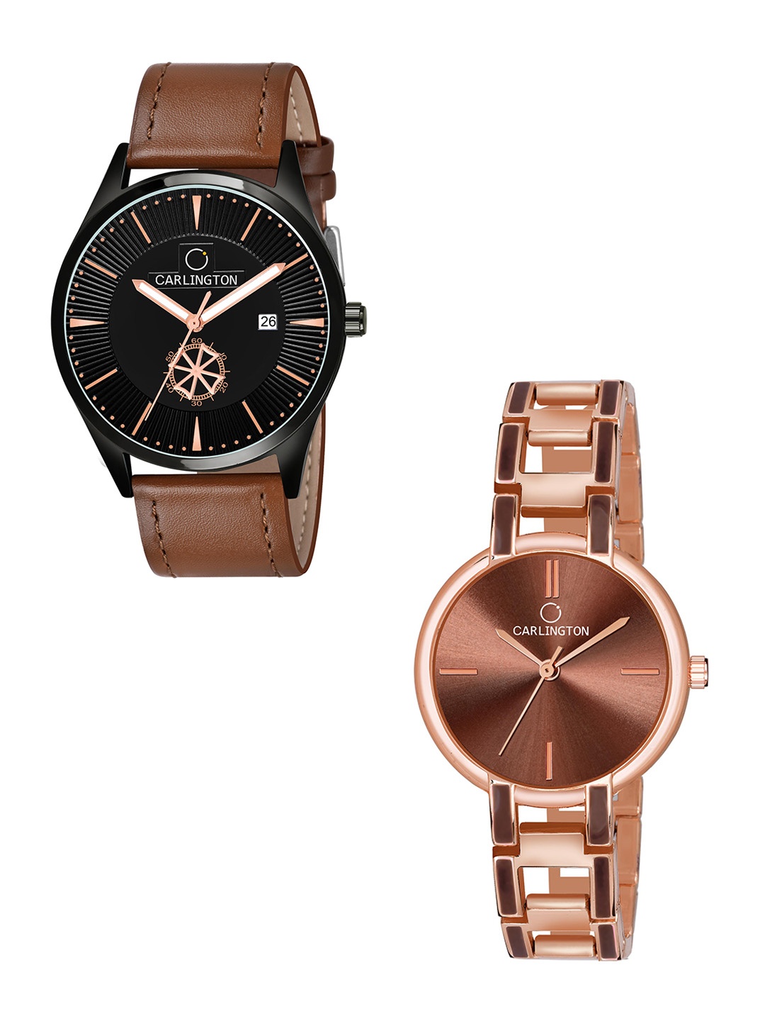 

CARLINGTON Black Dial & Brown Leather Straps Analogue Couple Watches CT1020