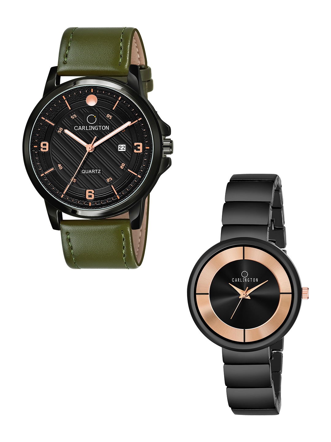 

CARLINGTON Black Dial & Green Leather Straps Analogue Couple Watches CT1050, Multi