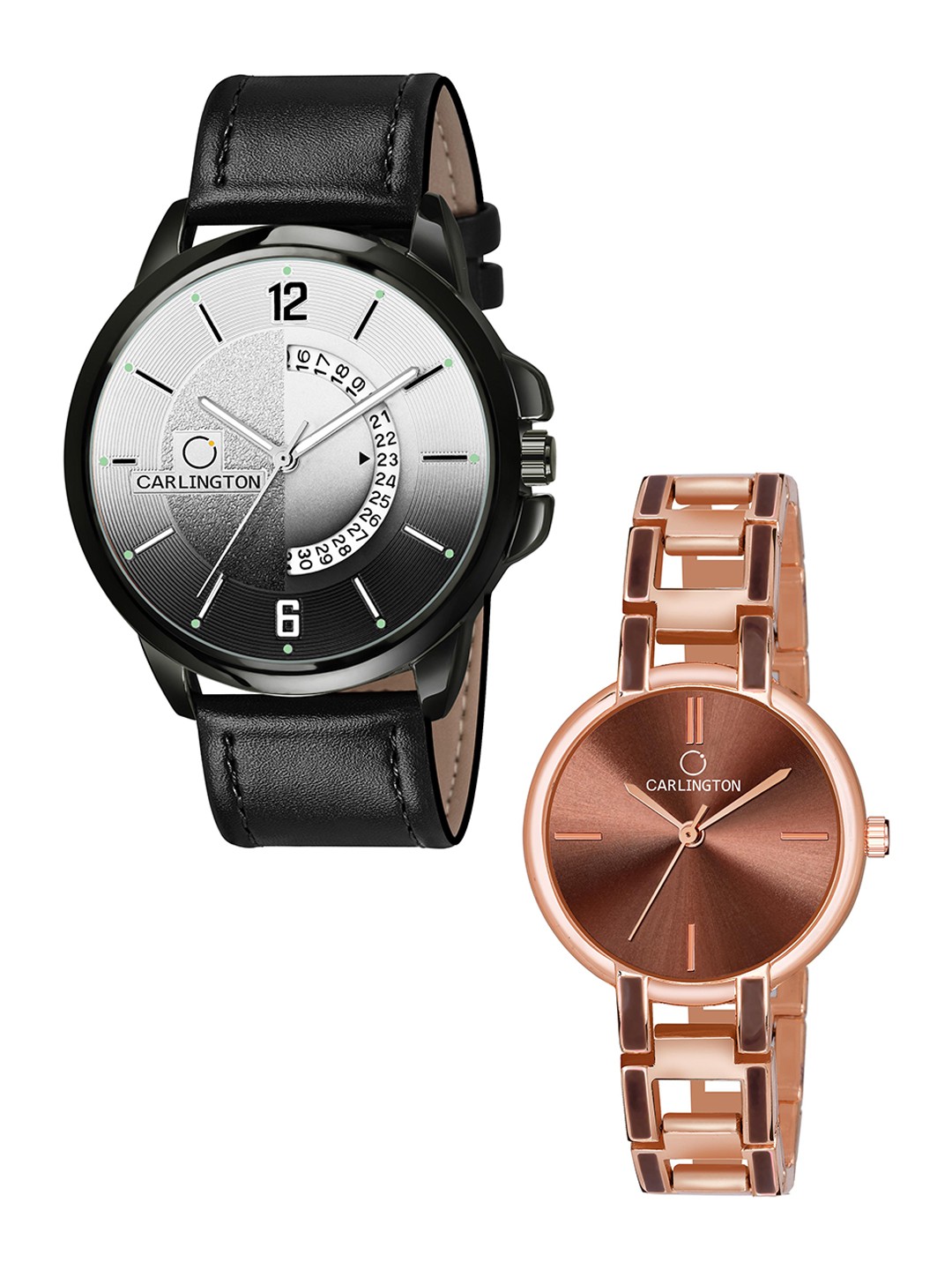 

CARLINGTON Black Dial & Black Leather Straps Analogue Couple Watches CT1030
