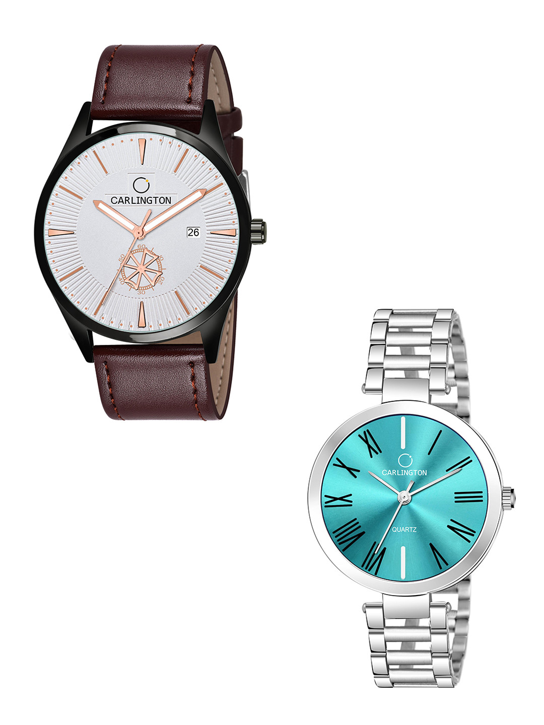 

CARLINGTON White Dial & Brown Leather Straps Analogue Couple Watches CT1020