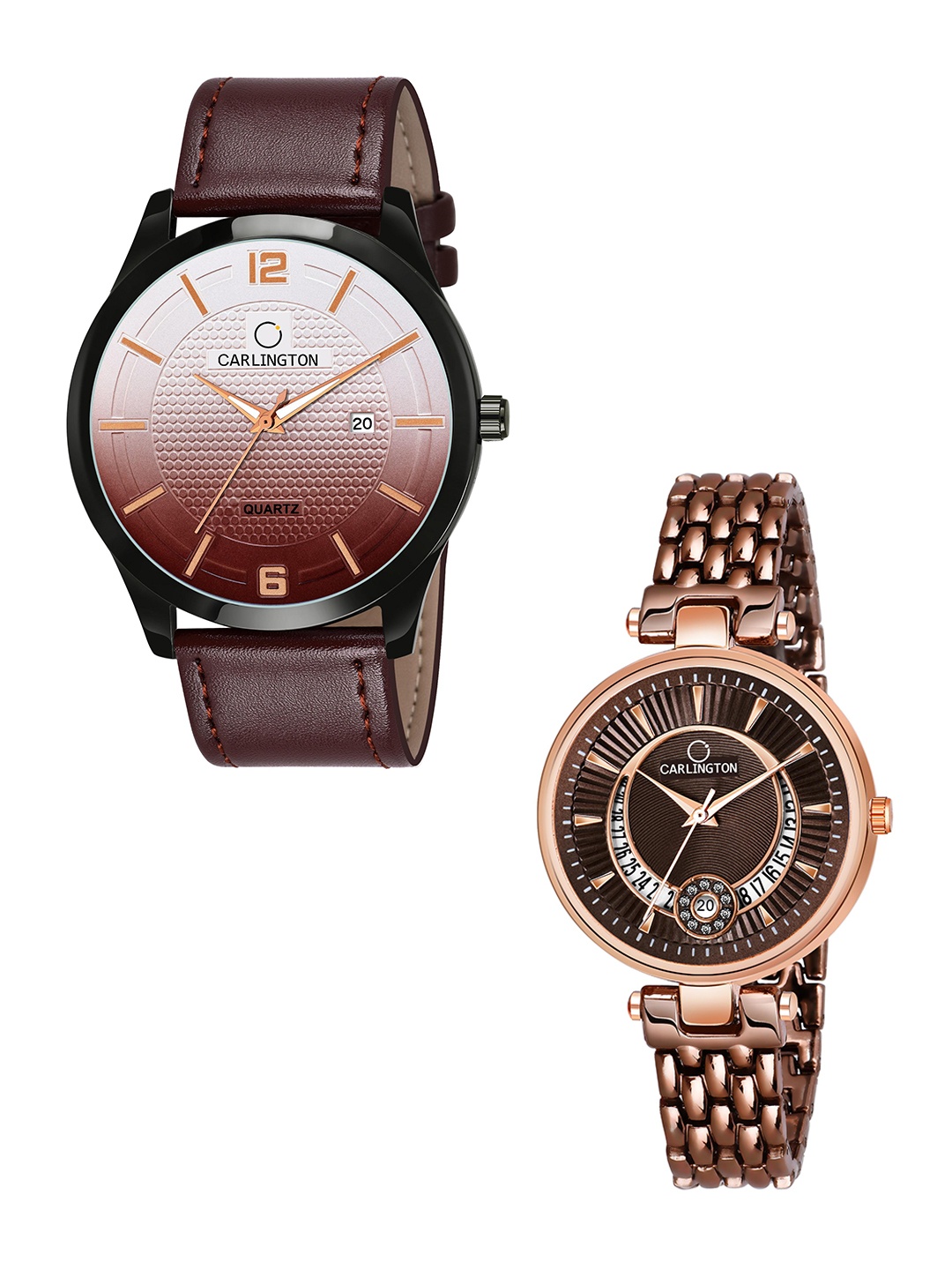 

CARLINGTON Brown Dial & Brown Leather Straps Analogue Couple Watch CT1010