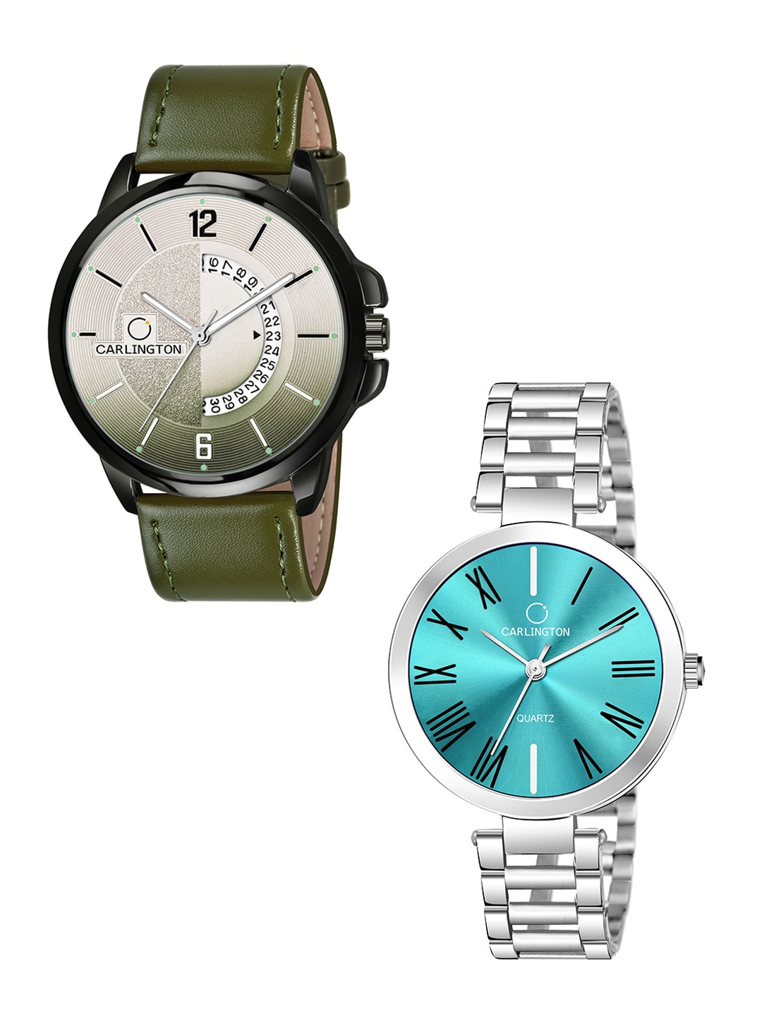 

CARLINGTON Green Dial & Green Leather Straps Analogue Couple Watches CT1030