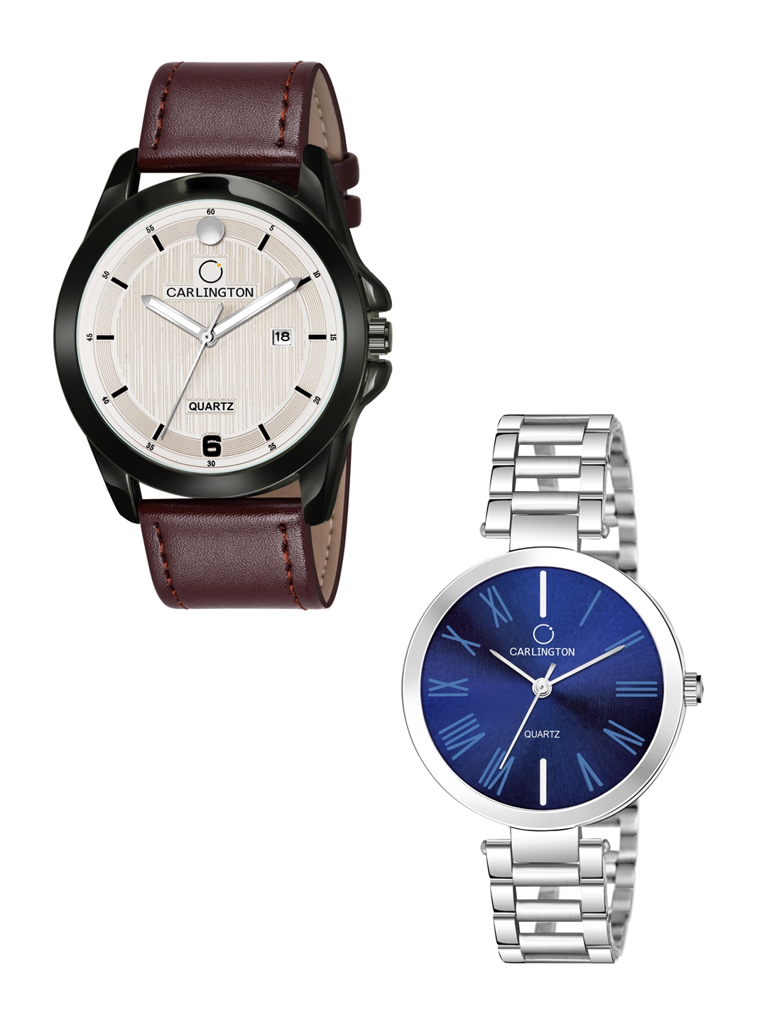 

CARLINGTON Cream-Coloured Dial & Brown Leather Straps Analogue Couple Watches CT1040