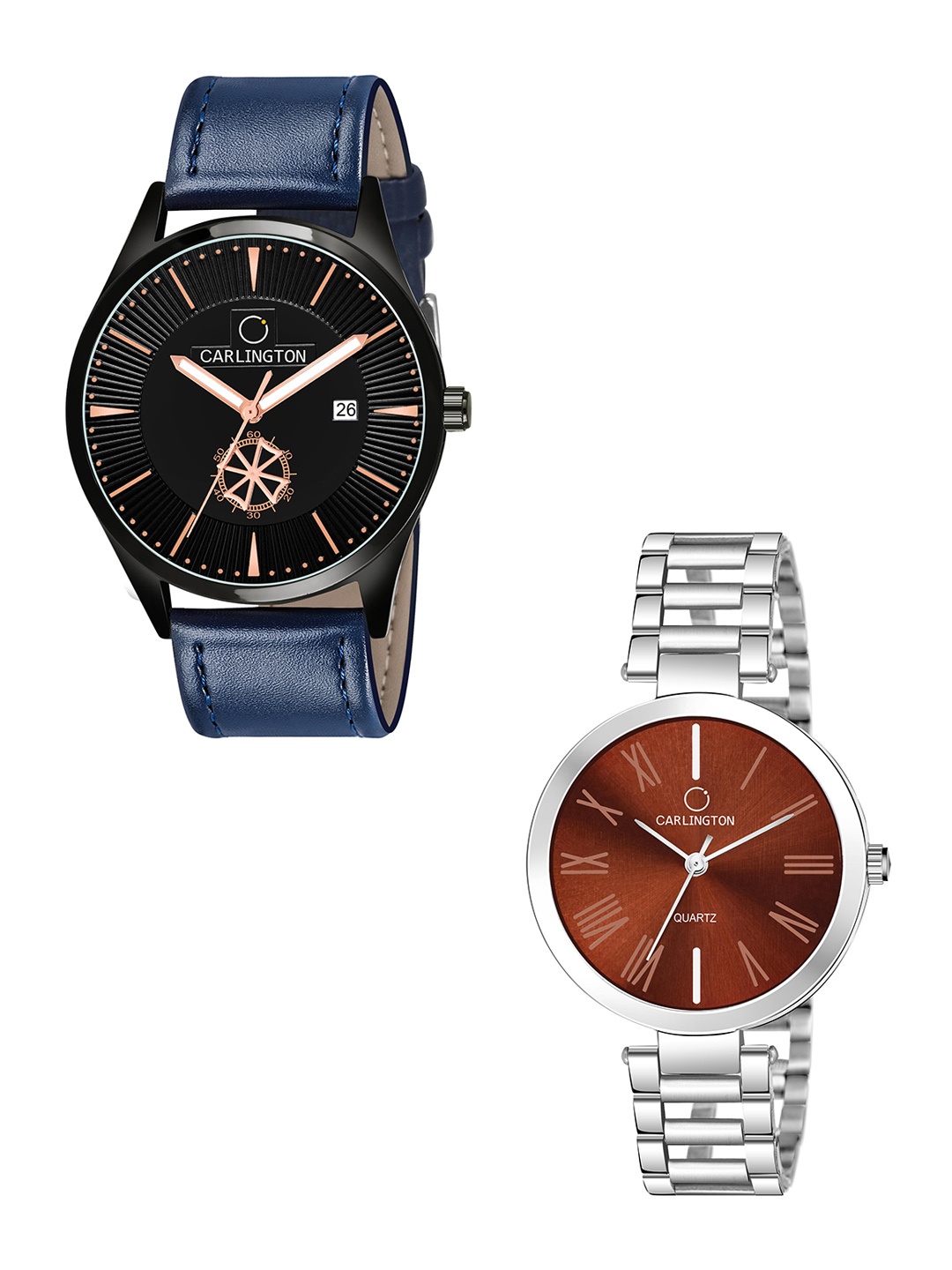 

CARLINGTON Black Dial & Blue Leather Straps Analogue Couple Watches CT1020