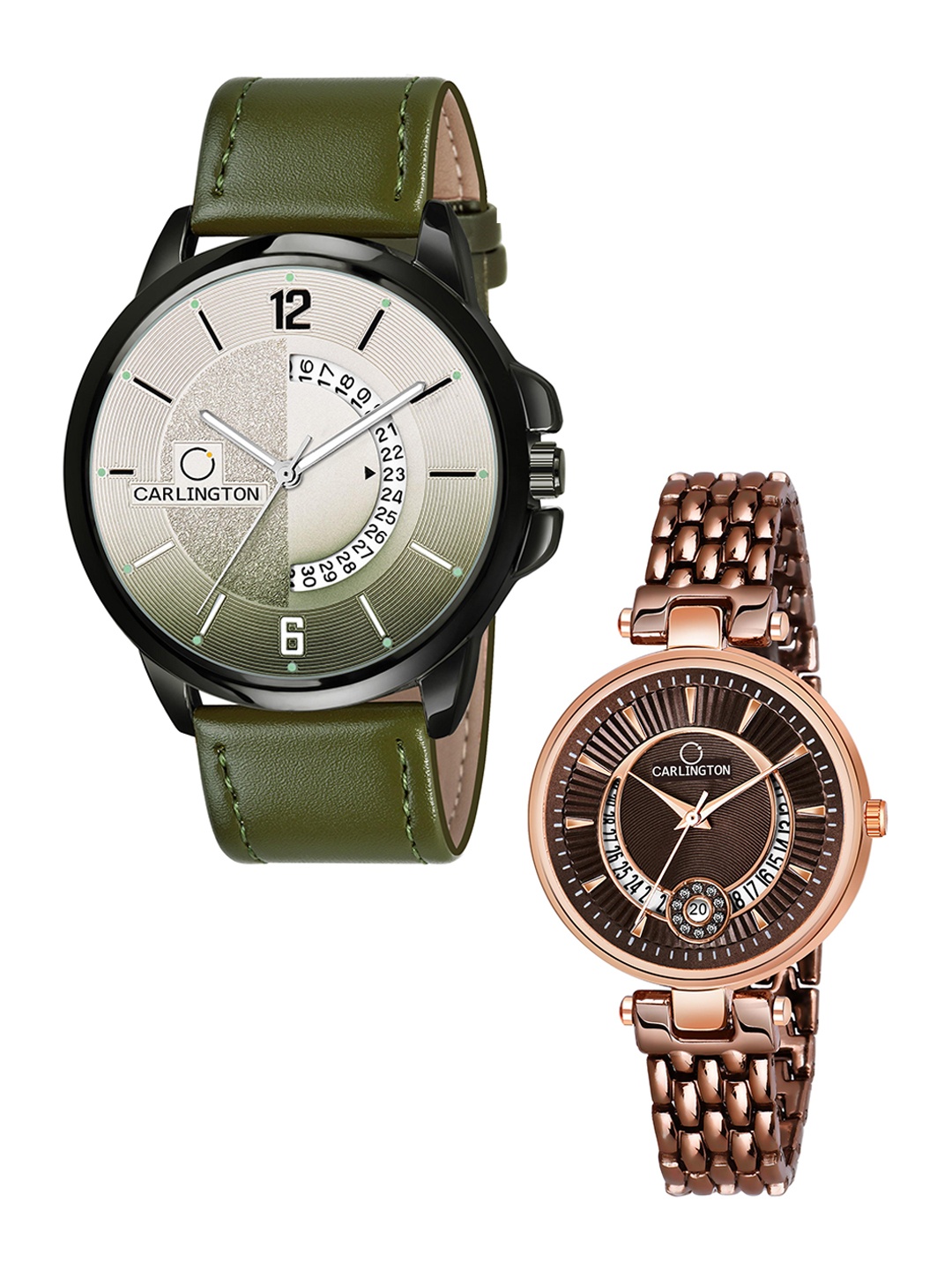 

CARLINGTON Green Dial & Green Leather Straps Analogue Couple Watches CT1030