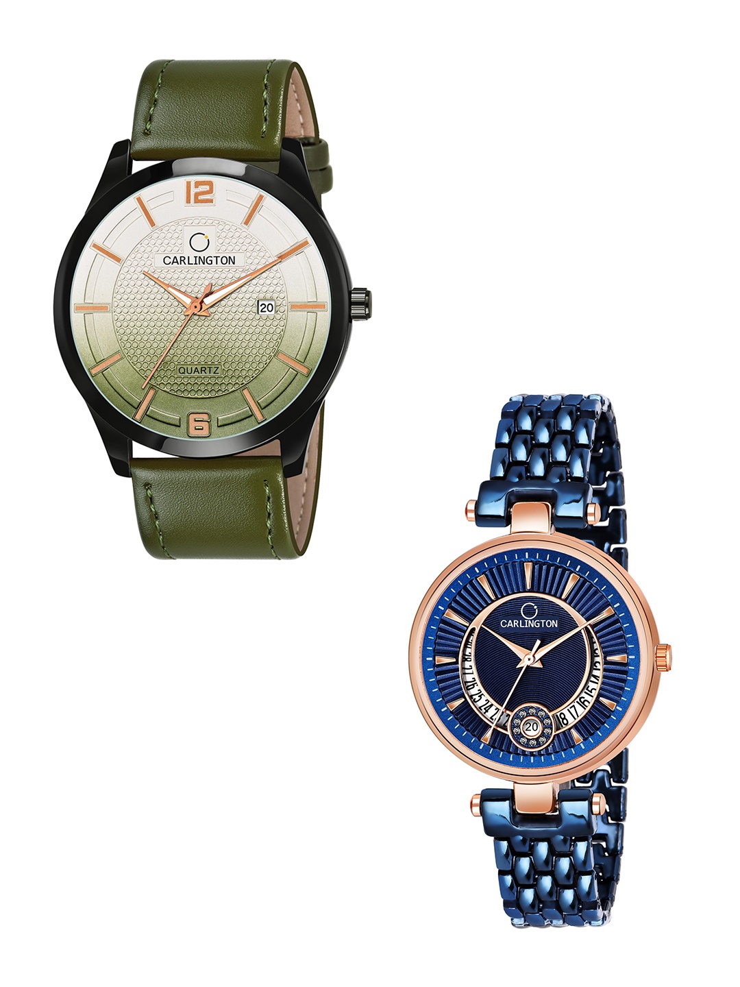 

CARLINGTON Green Dial & Green Leather Straps Analogue Couple Watches CT1010