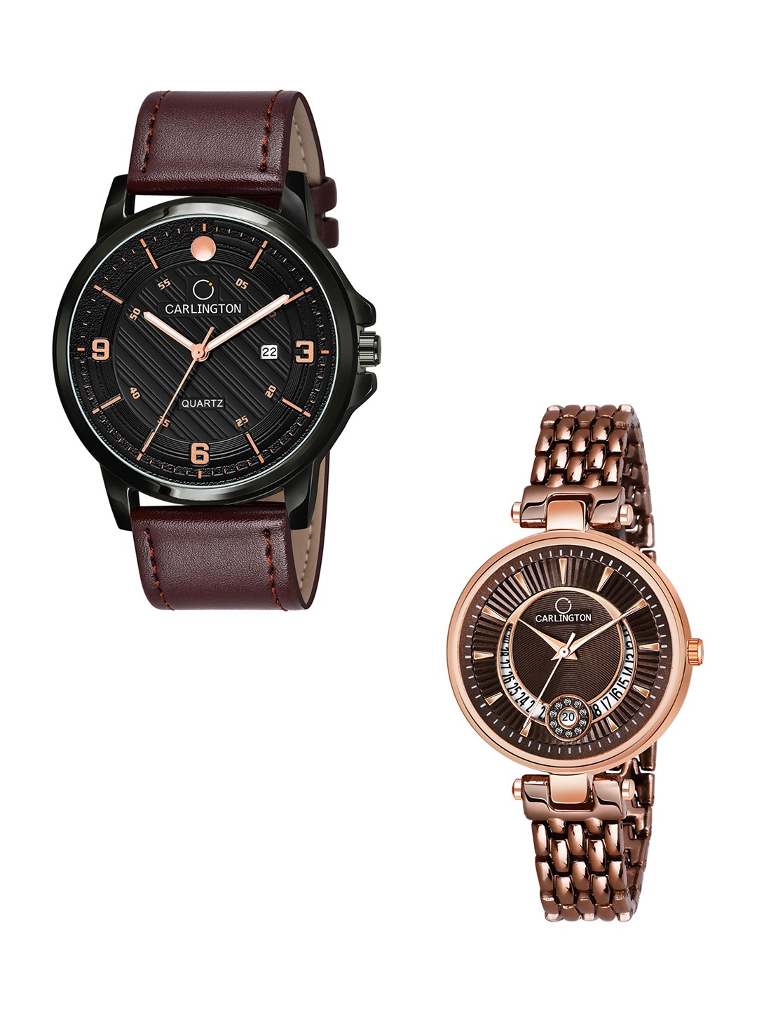 

CARLINGTON Black Dial & Brown Leather Straps Analogue Couple Watches CT1050