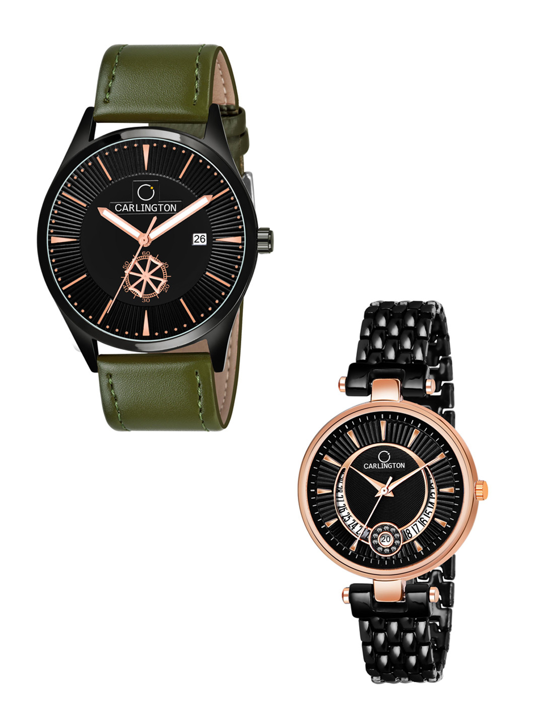 

CARLINGTON Brown Dial & Brown Leather Straps Analogue Couple Watches CT1020, Black