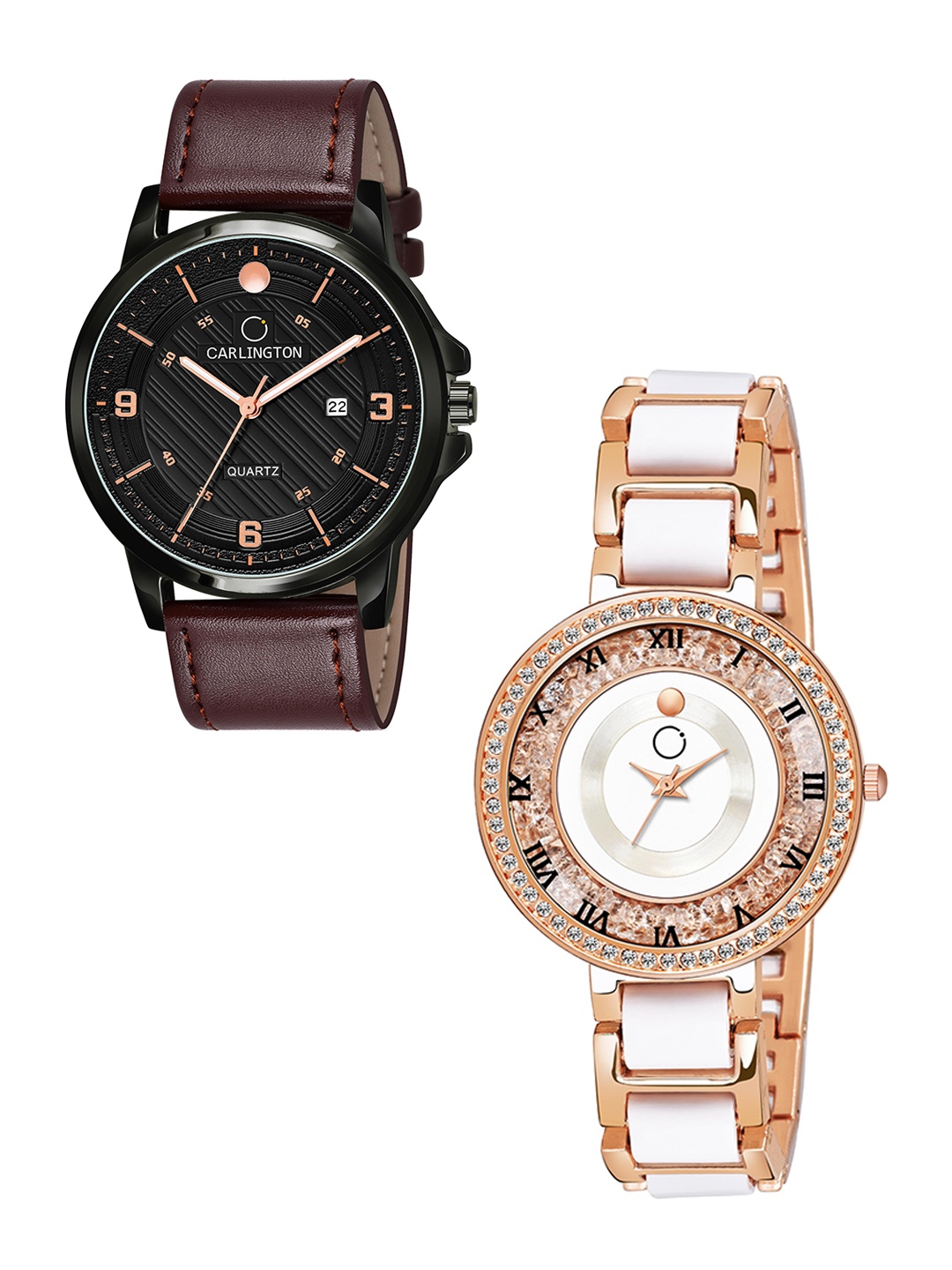 

CARLINGTON Black Dial & Brown Leather Straps Analogue Couple Watches CT1050