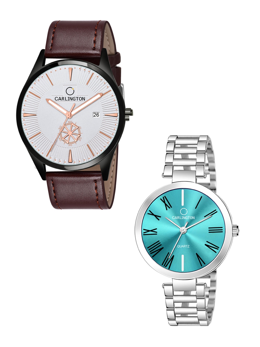 

CARLINGTON Cream-coloured Dial & Brown Leather Straps Analogue Couple Watches CT1020