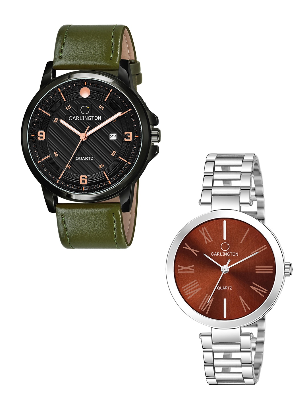 

CARLINGTON Black Dial & Green Leather Straps Analogue Couple Watch CT1050