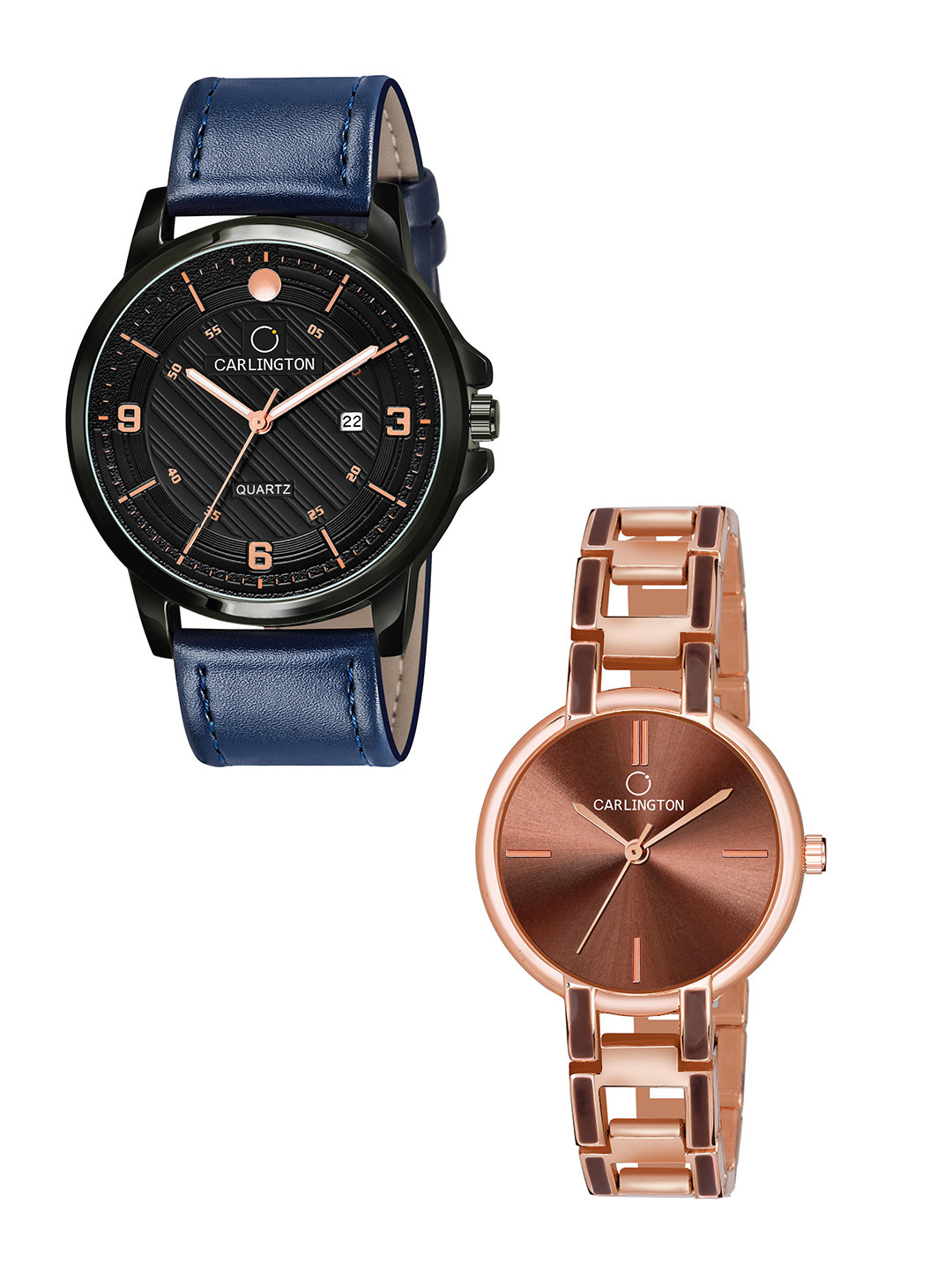 

CARLINGTON Black Dial & Blue Leather Straps Analogue Couple Watches CT1050