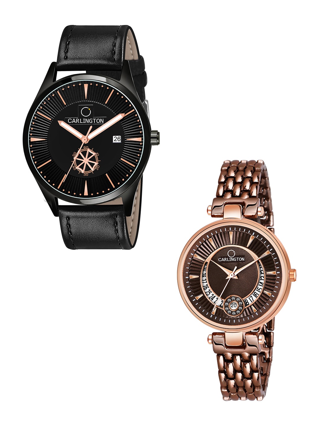 

CARLINGTON Black Dial & Black Leather Straps Analogue Couple Watches CT1020