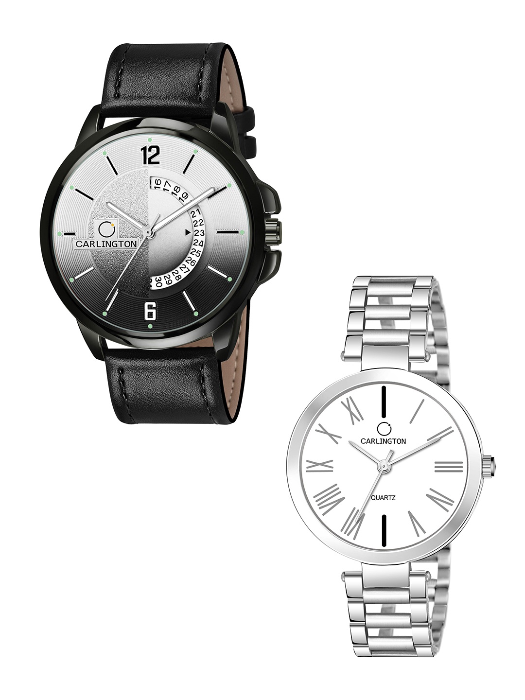 

CARLINGTON Black Dial & Black Leather Straps Analogue Couple Watches CT1030