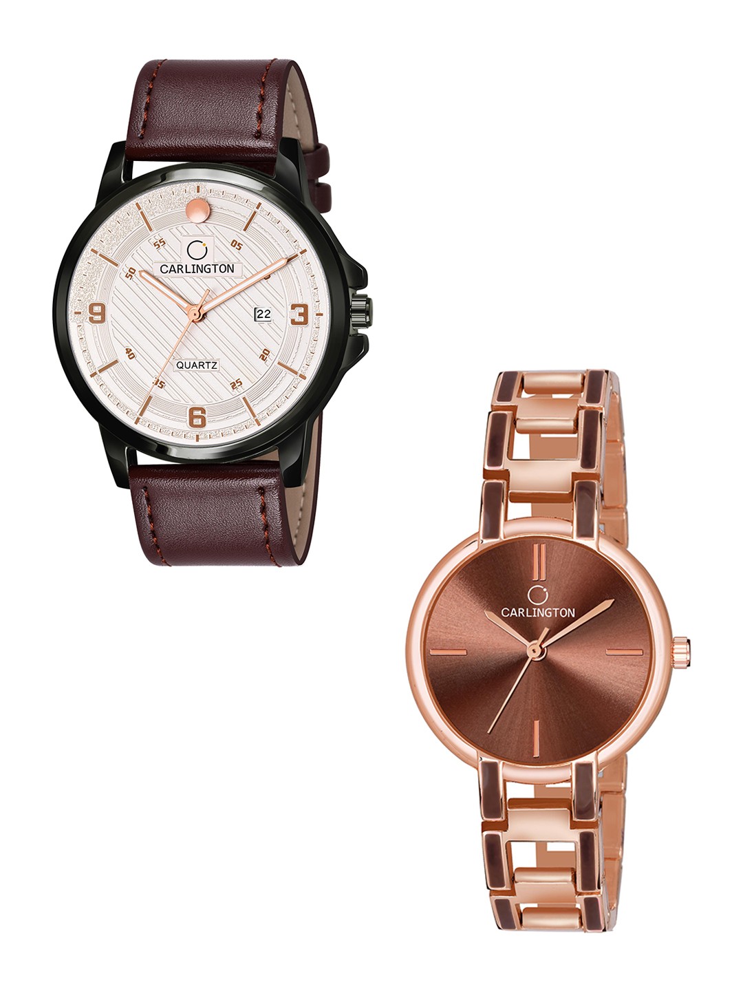

CARLINGTON Beige Dial & Brown Leather Straps Analogue Couple Watches CT1050
