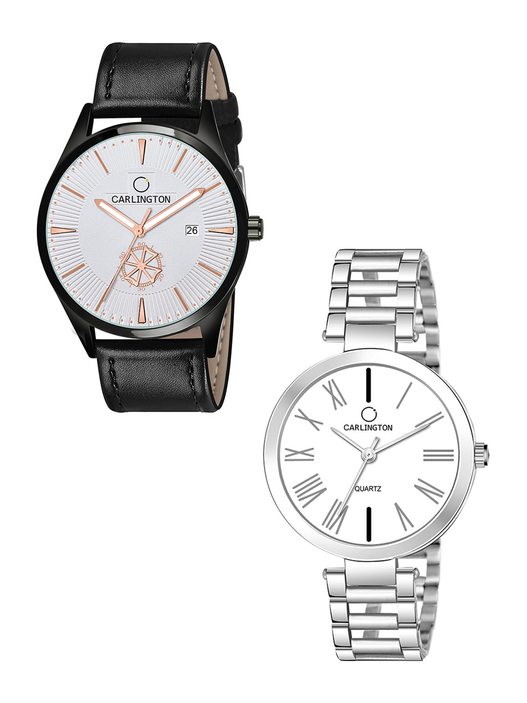 

CARLINGTON White Dial & Black Leather Straps Analogue Couple Watches CT1020
