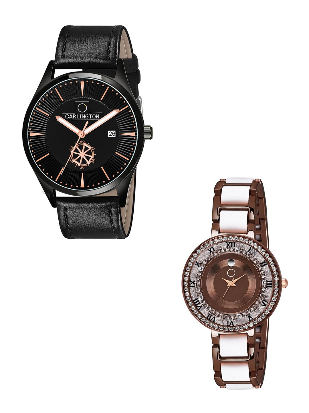 

CARLINGTON Black Dial & Black Leather Straps Analogue Couple Watches CT1020