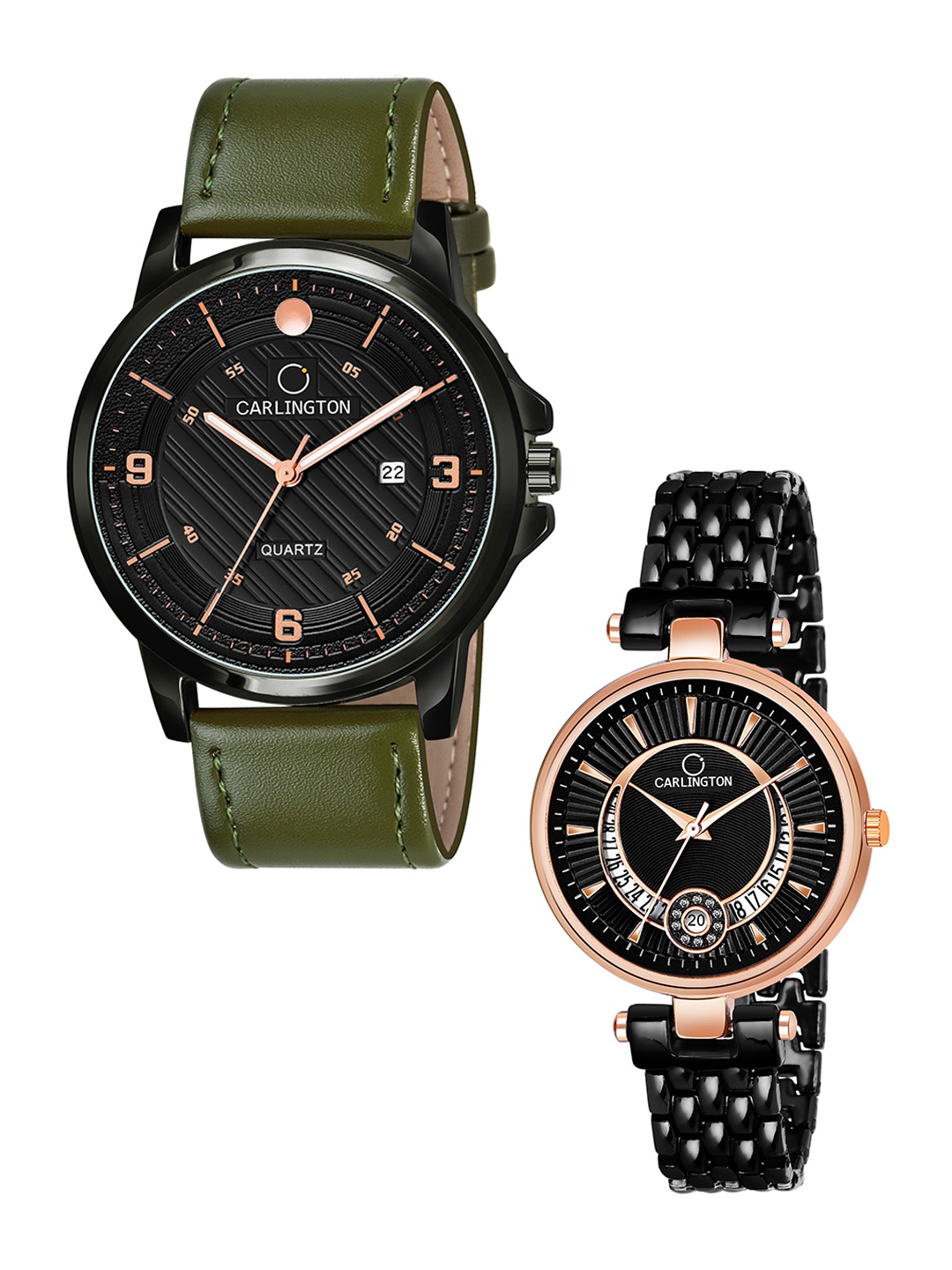 

CARLINGTON Black Dial & Green Leather Straps Analogue Couple Watches CT1050
