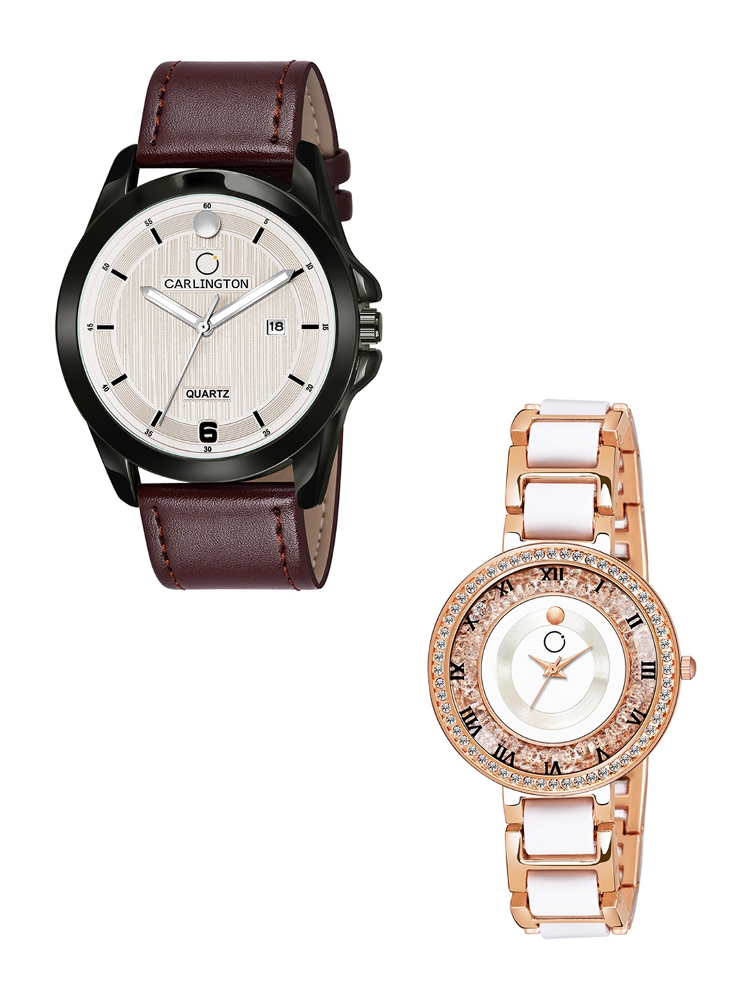 

CARLINGTON Beige Dial & Brown Leather Straps Analogue Couple Watches CT1040