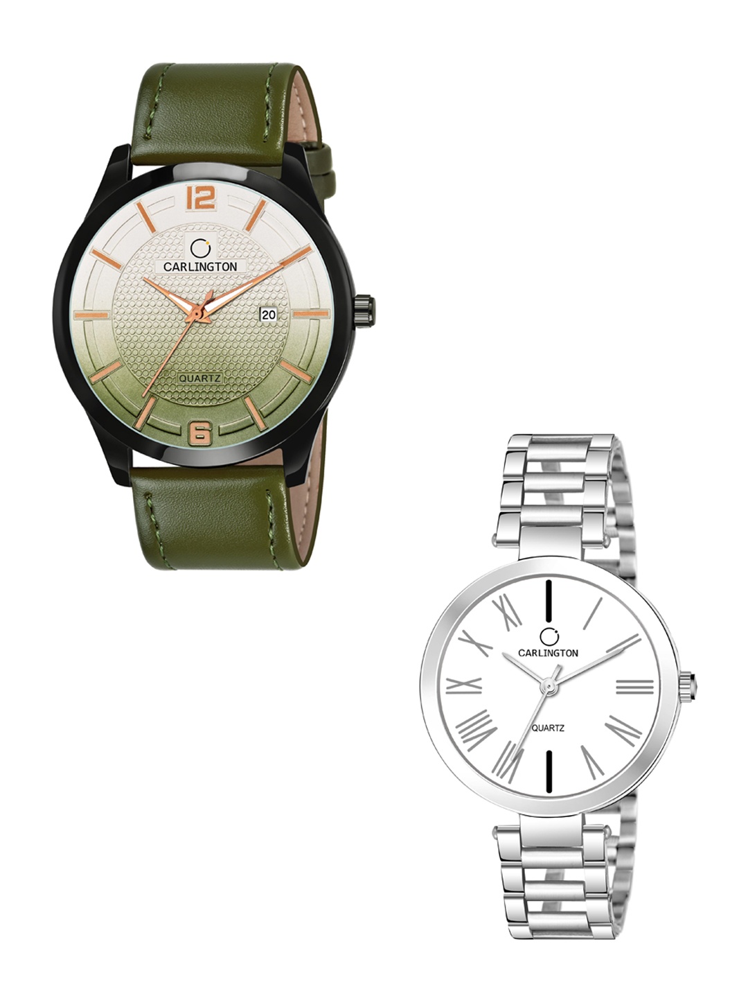 

CARLINGTON Green Dial & Green Leather Straps Analogue Couple Watches CT1010