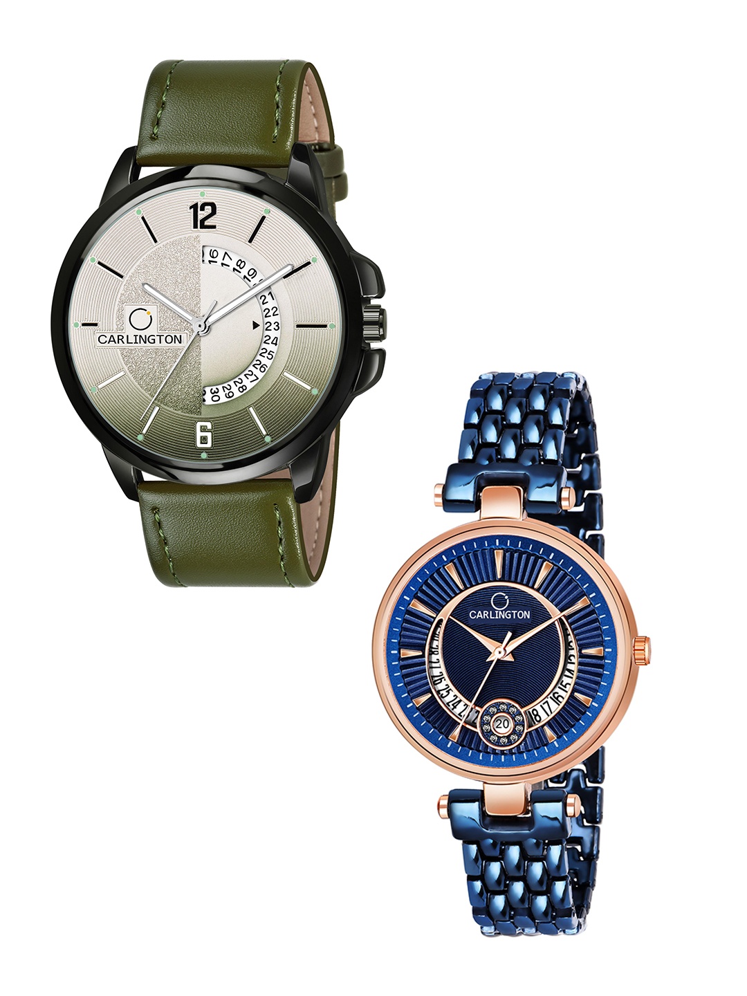 

CARLINGTON Green Dial & Green Leather Straps Analogue Couple Watches CT1030