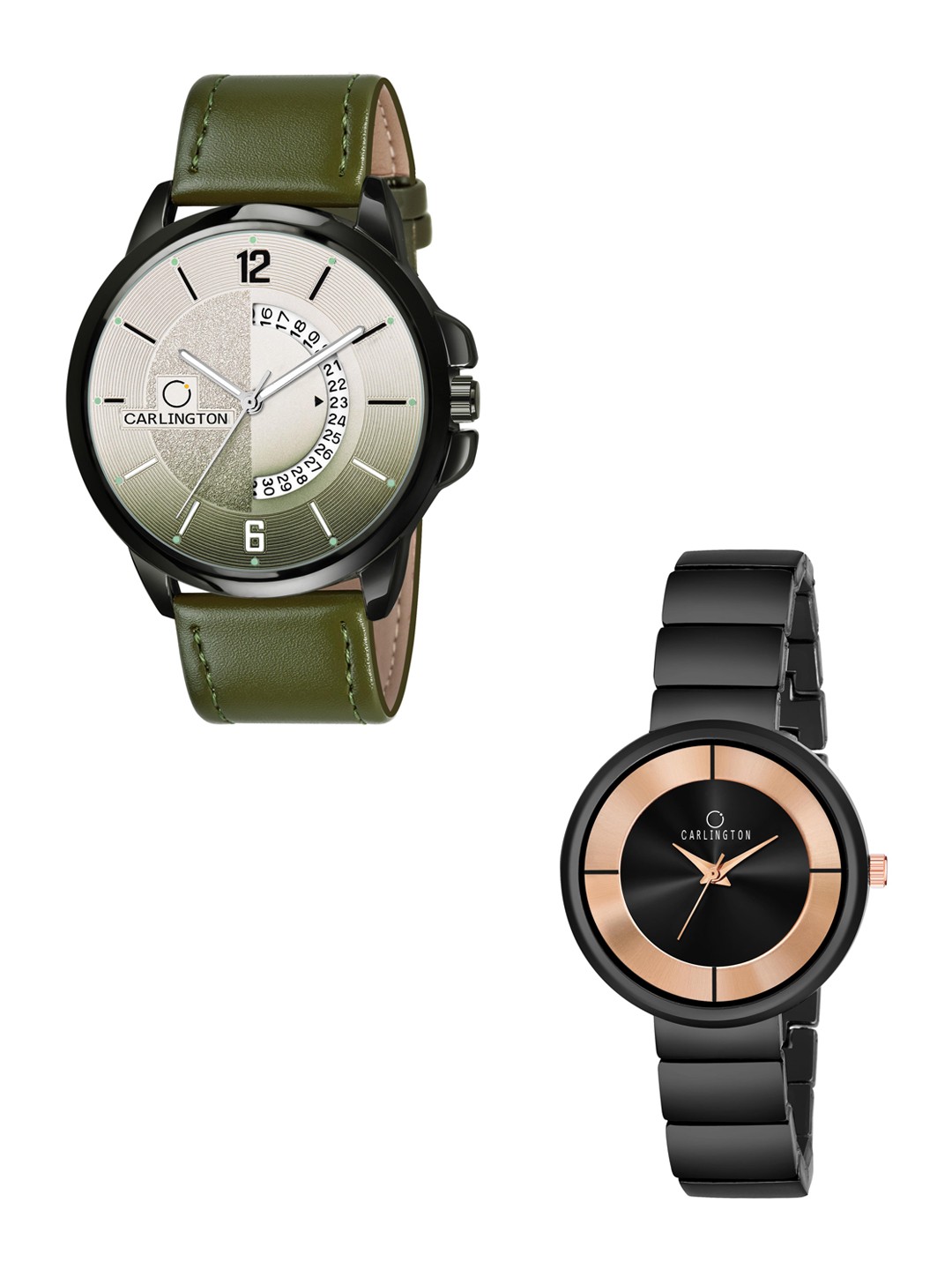 

CARLINGTON Green Dial & Green Leather Straps Analogue Couple Watches CT1030