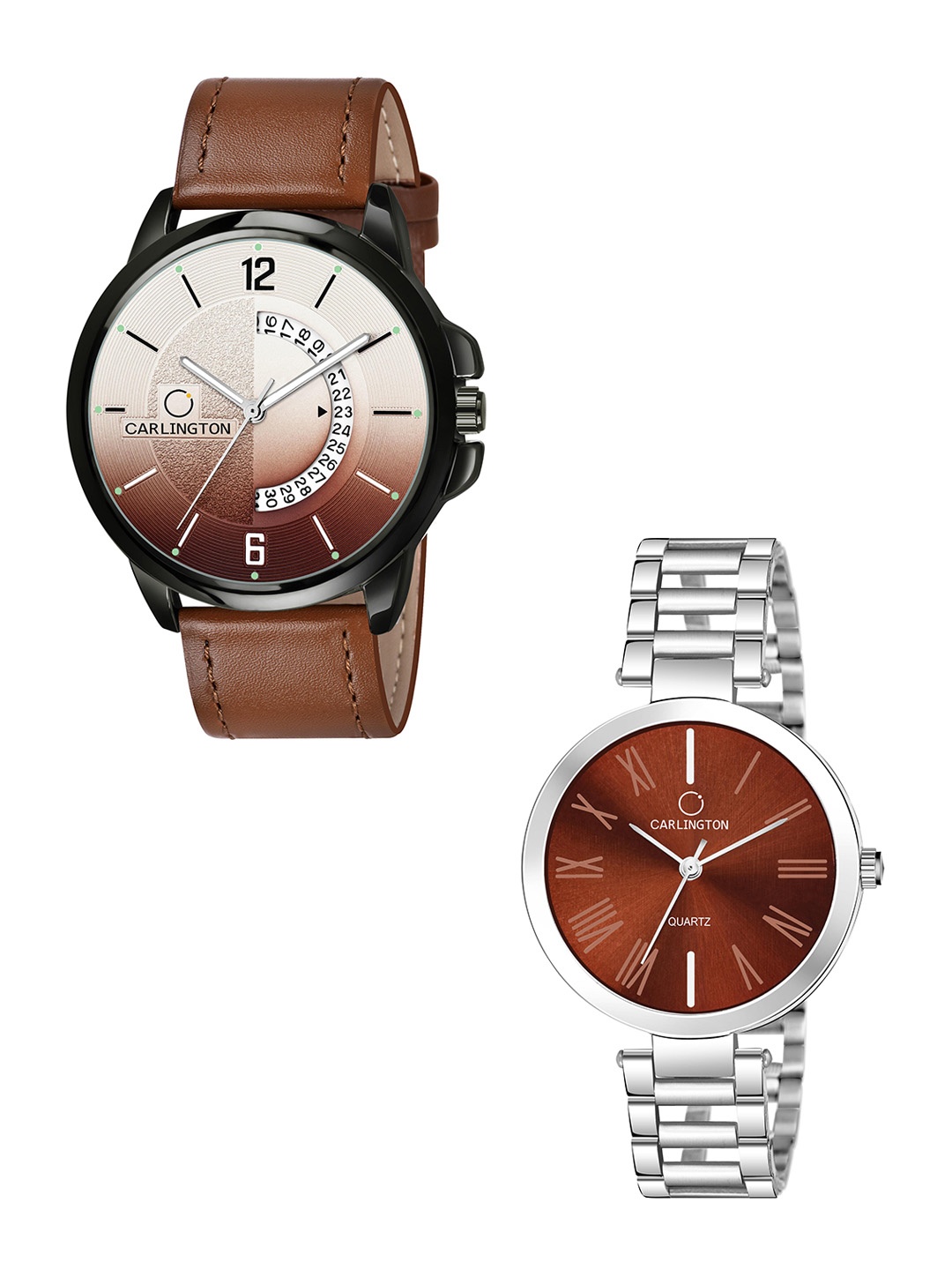 

CARLINGTON Brown Dial & Brown Leather Straps Analogue Couple Watches CT1030