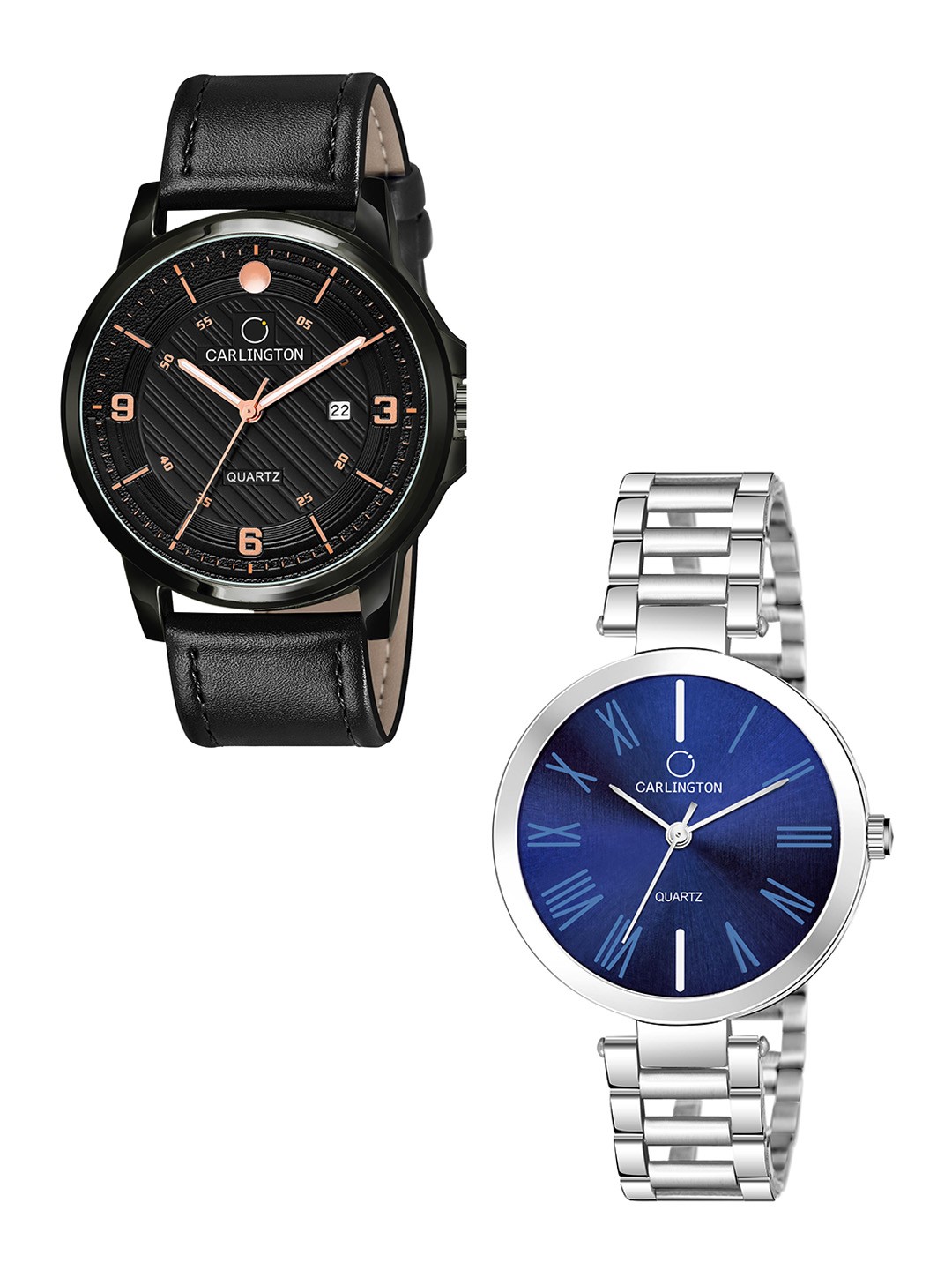 

CARLINGTON Black Dial & Black Leather Straps Analogue Couple Watches CT1050