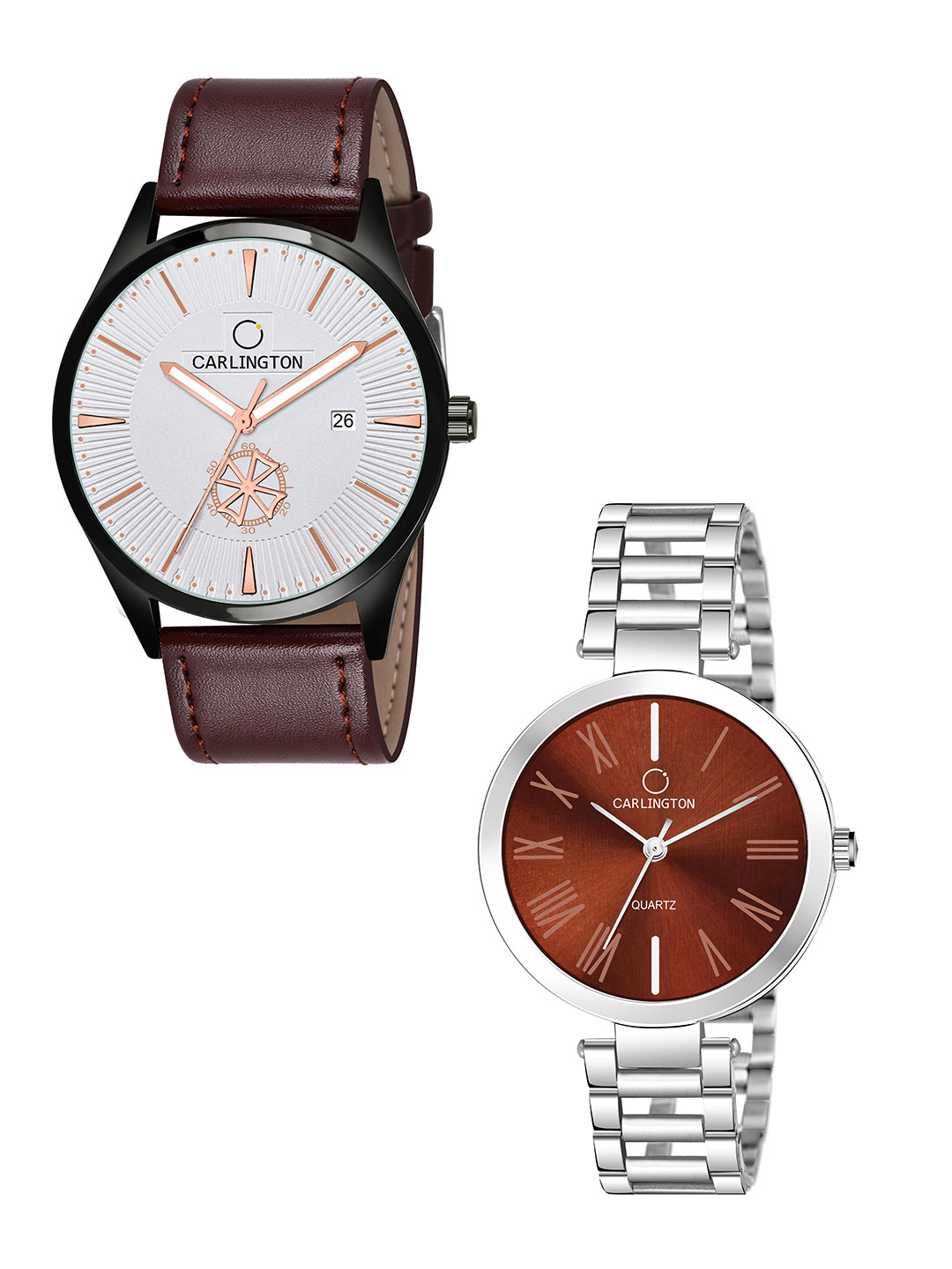 

CARLINGTON White Dial & Brown Leather Straps Analogue Couple Watches CT1020