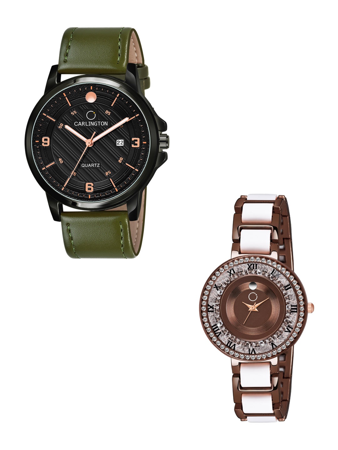 

CARLINGTON Black Dial & Green Leather Straps Analogue Couple Watches CT1050