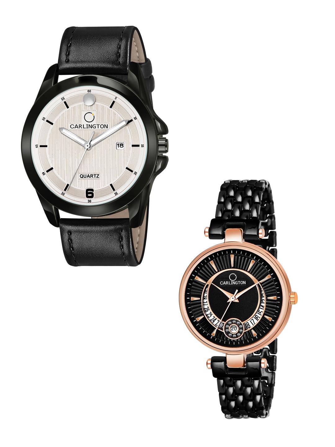 

CARLINGTON Beige Dial & Black Leather Straps Analogue Couple Watches CT1040