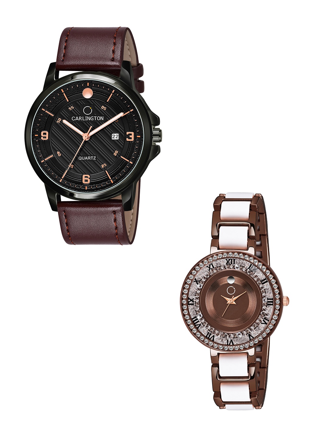 

CARLINGTON Black Dial & Brown Leather Straps Analogue Couple Watches CT1050