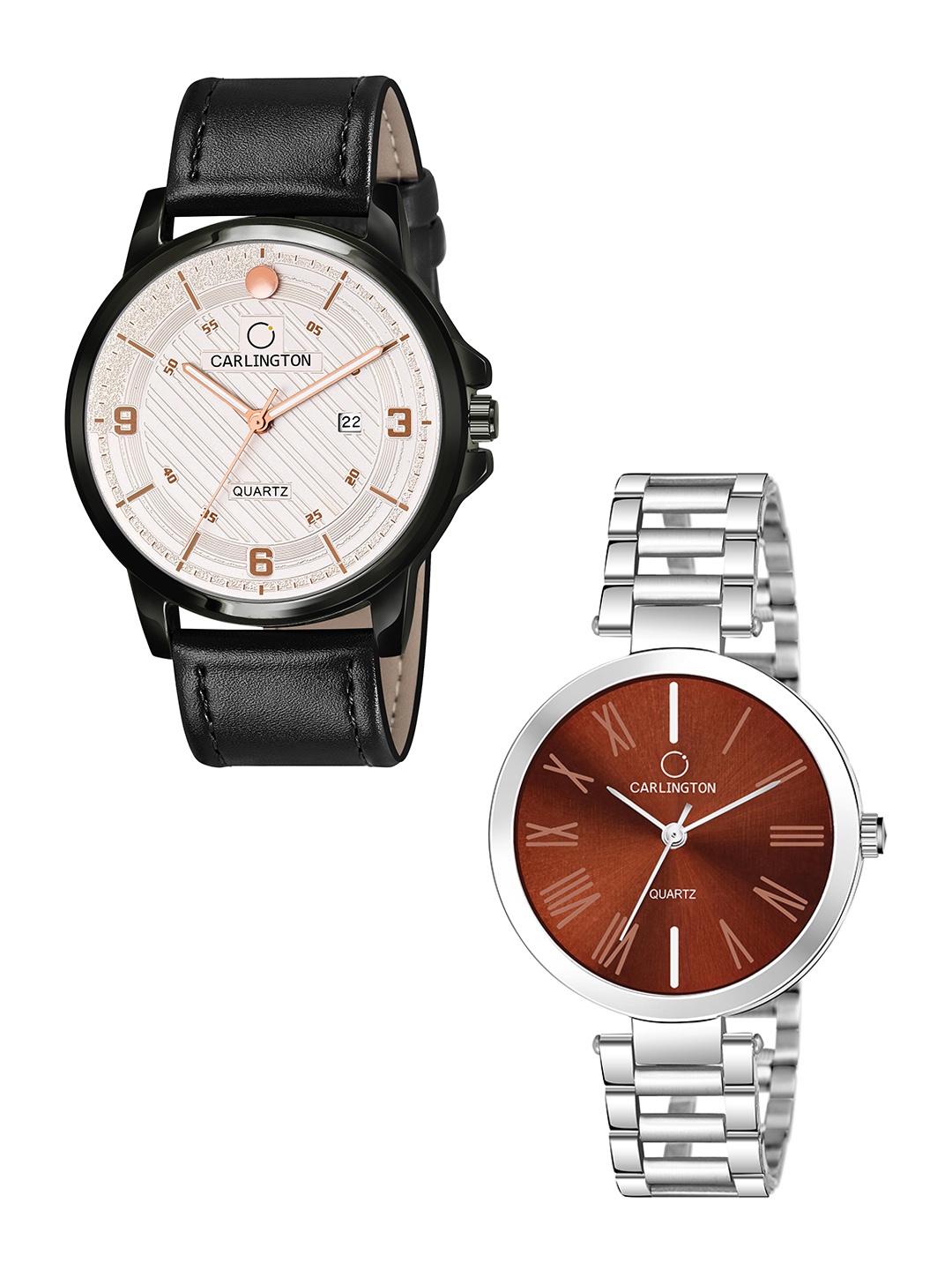 

CARLINGTON Cream-coloured Dial & Black Leather Straps Analogue Couple Watches CT1050