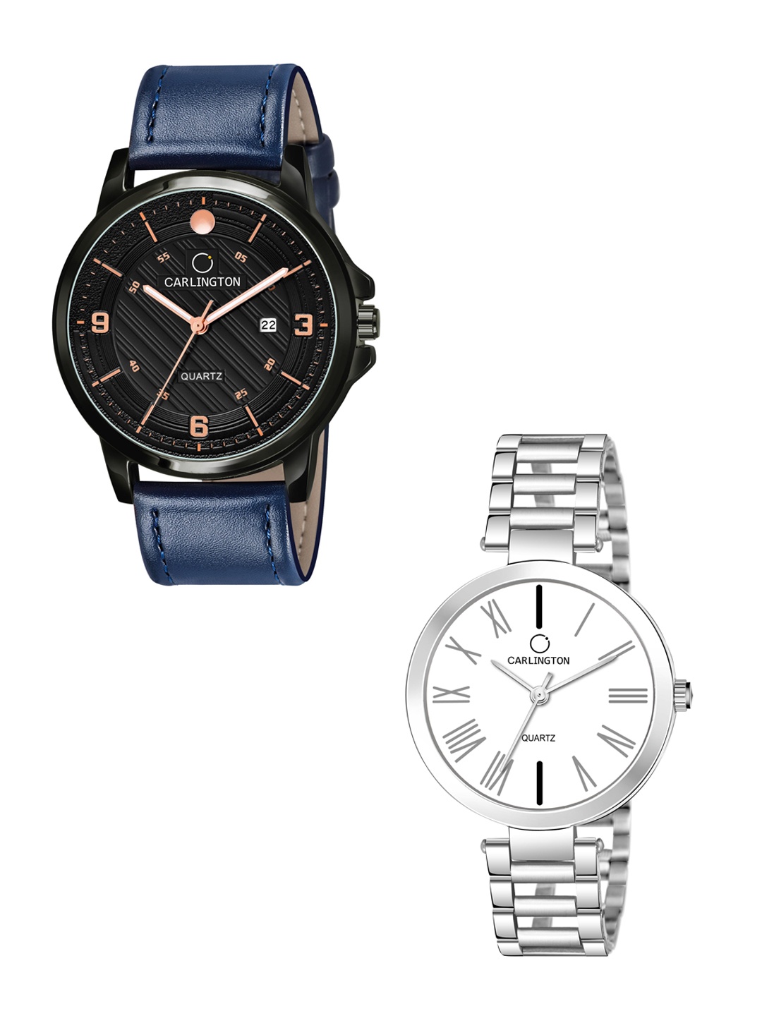 

CARLINGTON Black Dial & Blue Leather Straps Analogue Couple Watches CT1050