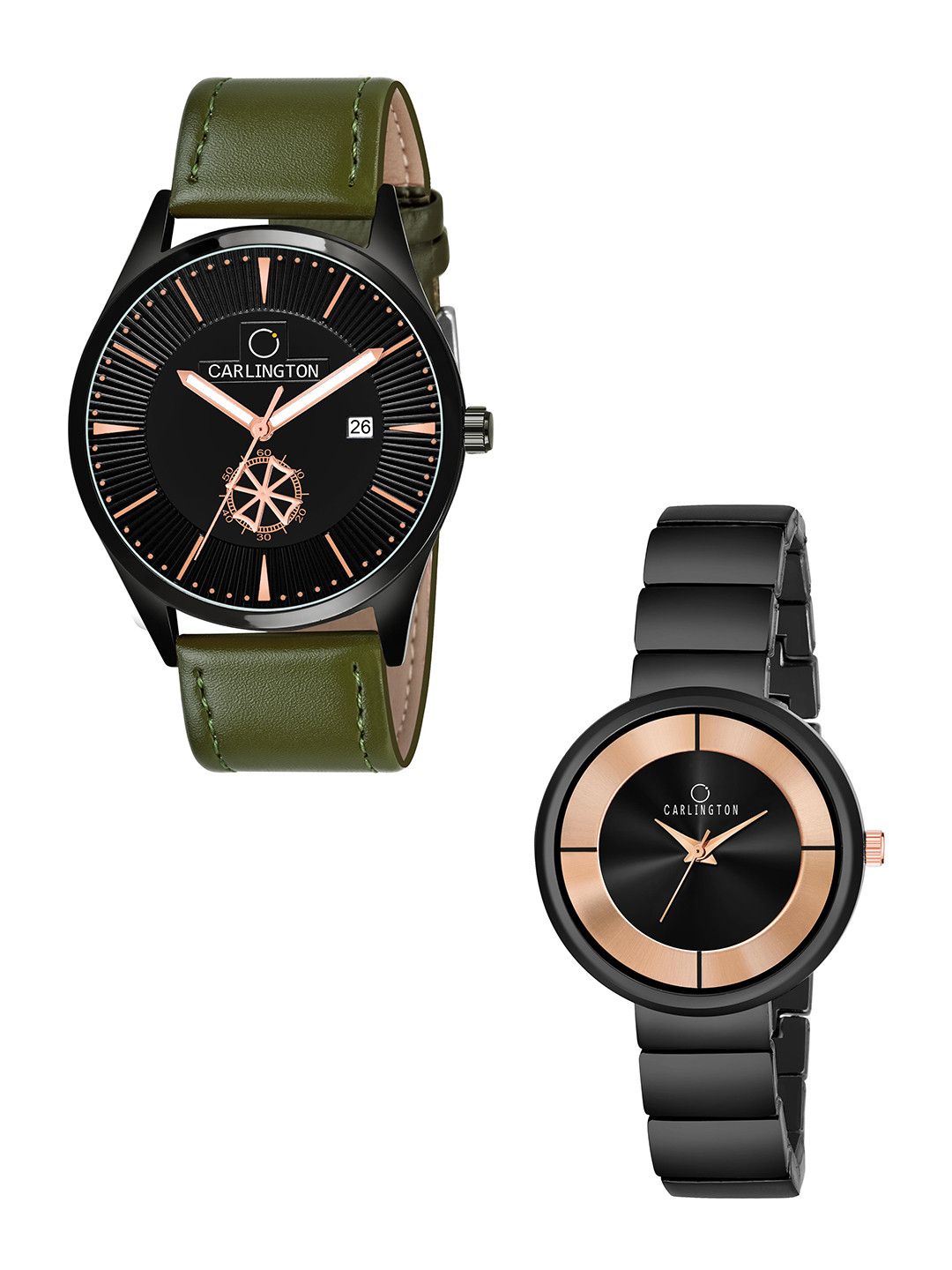 

CARLINGTON Black Dial & Green Leather Straps Analogue Couple Watches CT1020