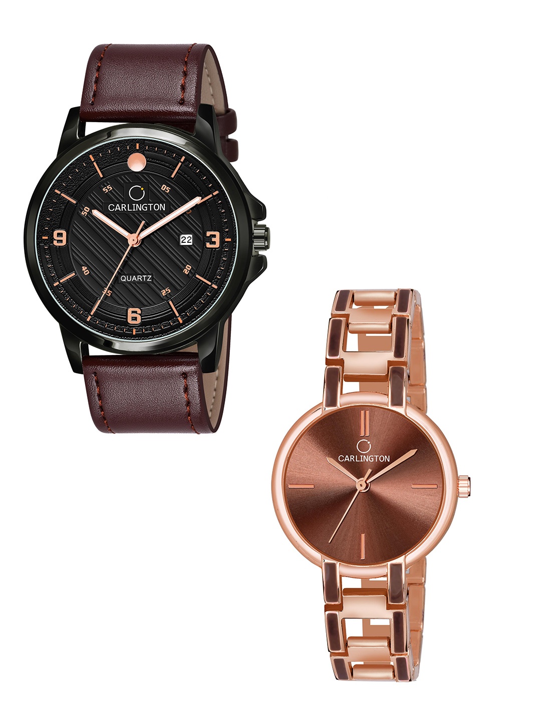 

CARLINGTON Black Dial & Brown Leather Straps Analogue Couple Watches CT1050