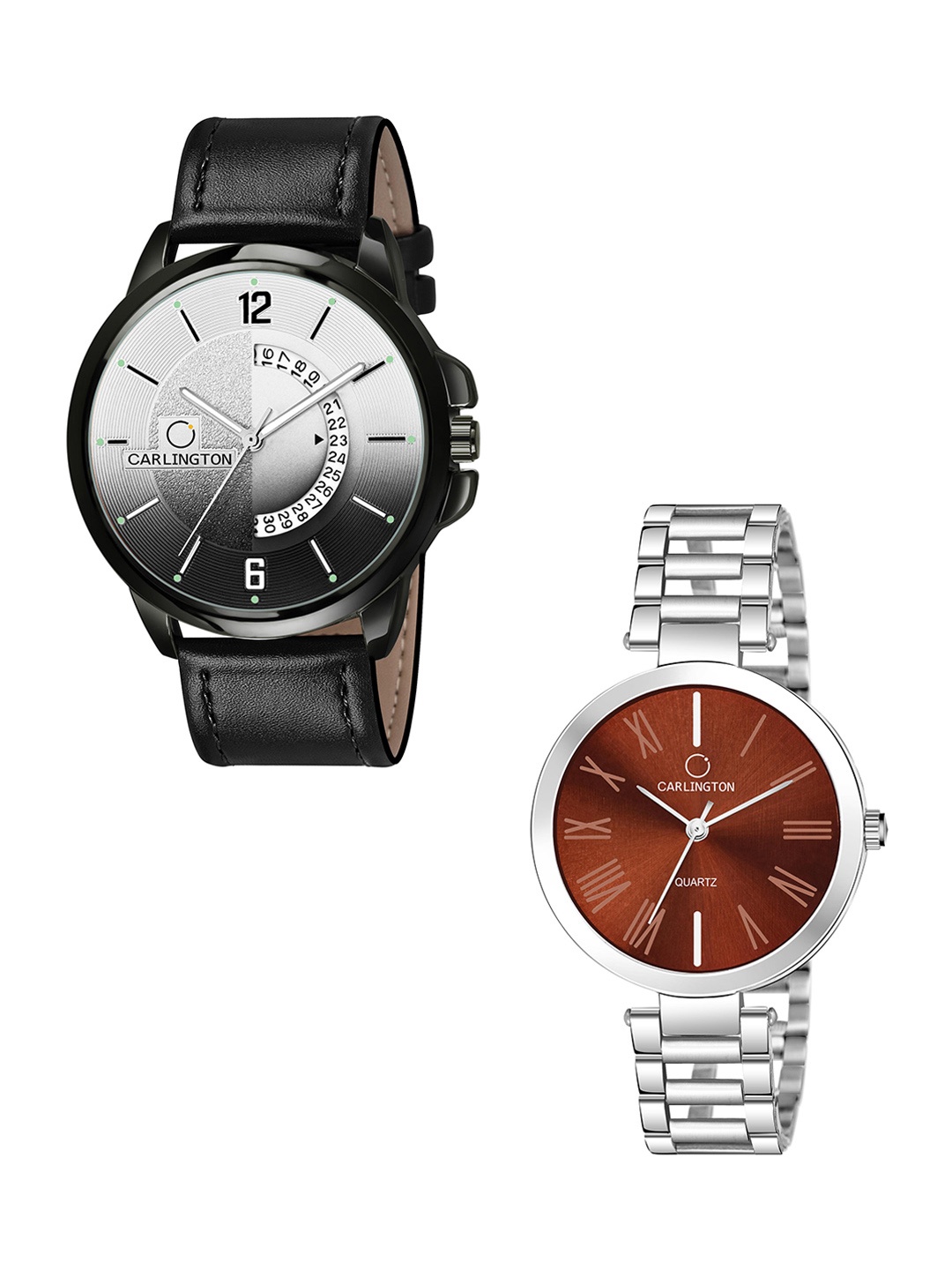 

CARLINGTON Black Dial & Black Leather Straps Analogue Couple Watches CT1030