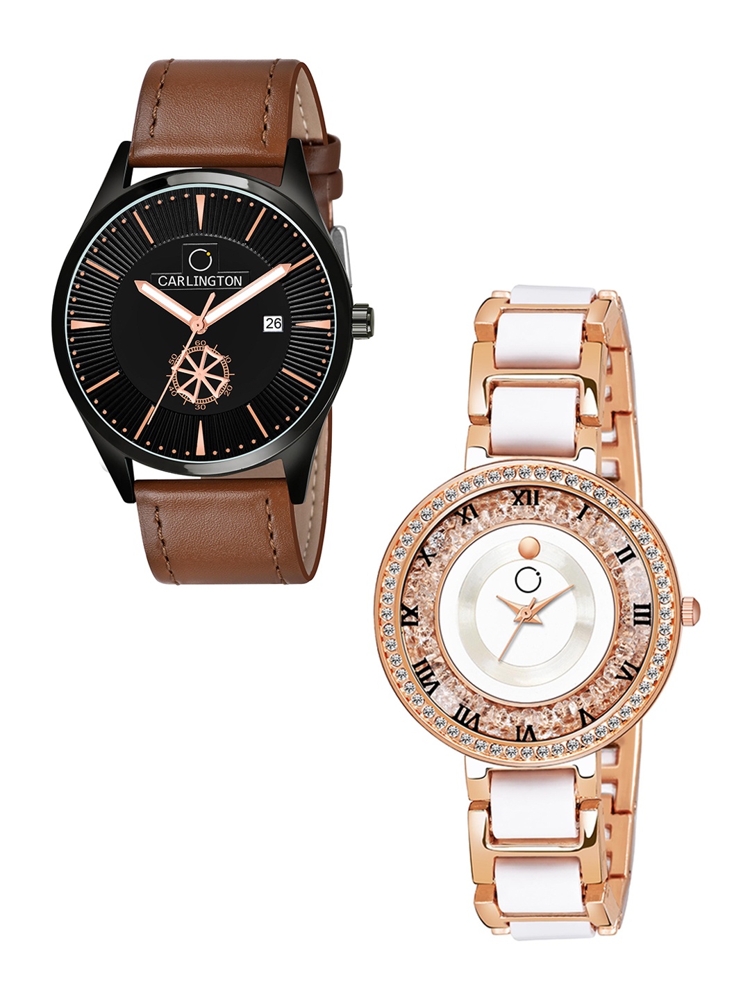 

CARLINGTON Black Dial & Brown Leather Straps Analogue Couple Watches CT1020