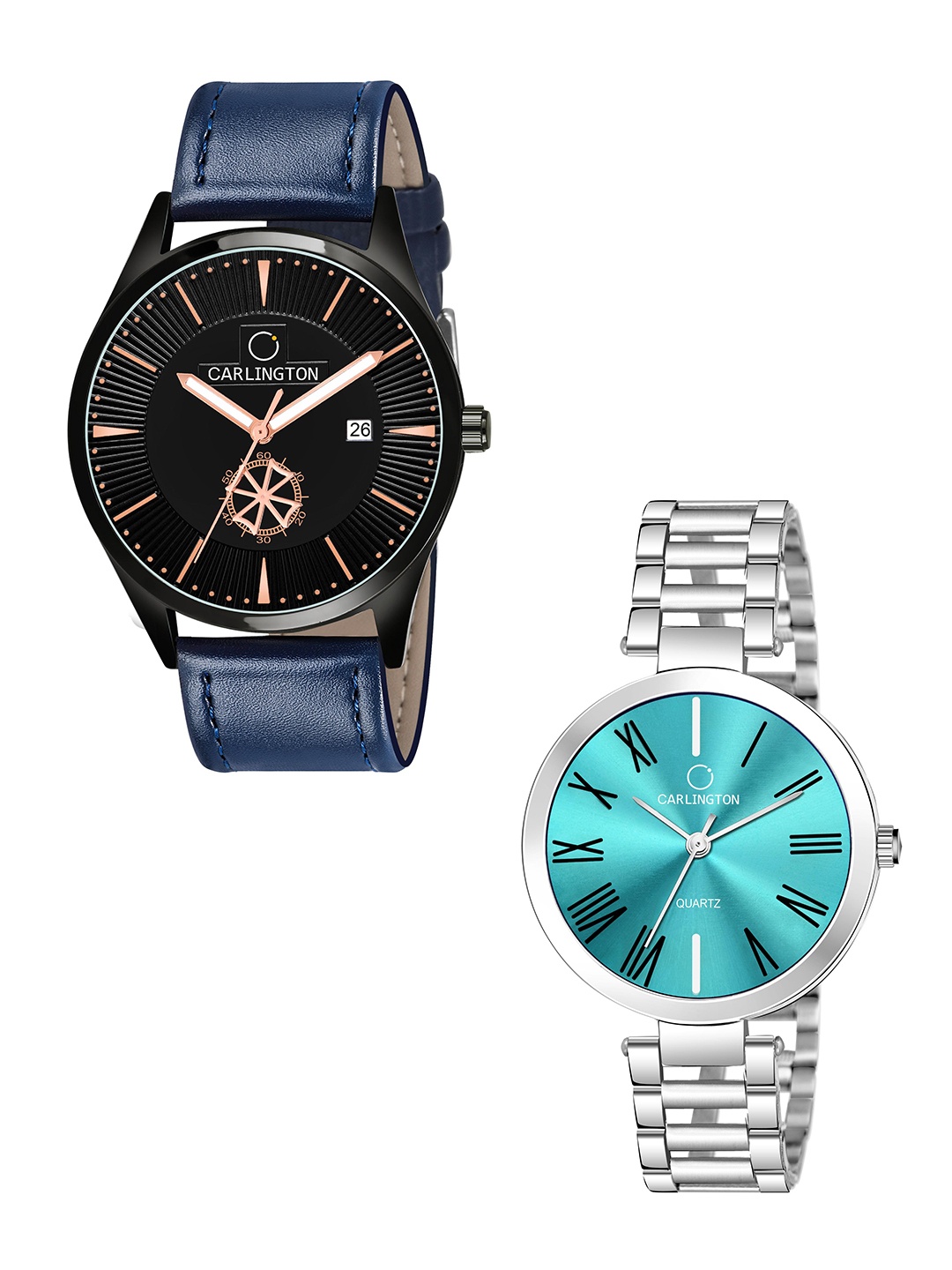 

CARLINGTON Black Dial & Blue Leather Straps Analogue Couple Watches CT1020